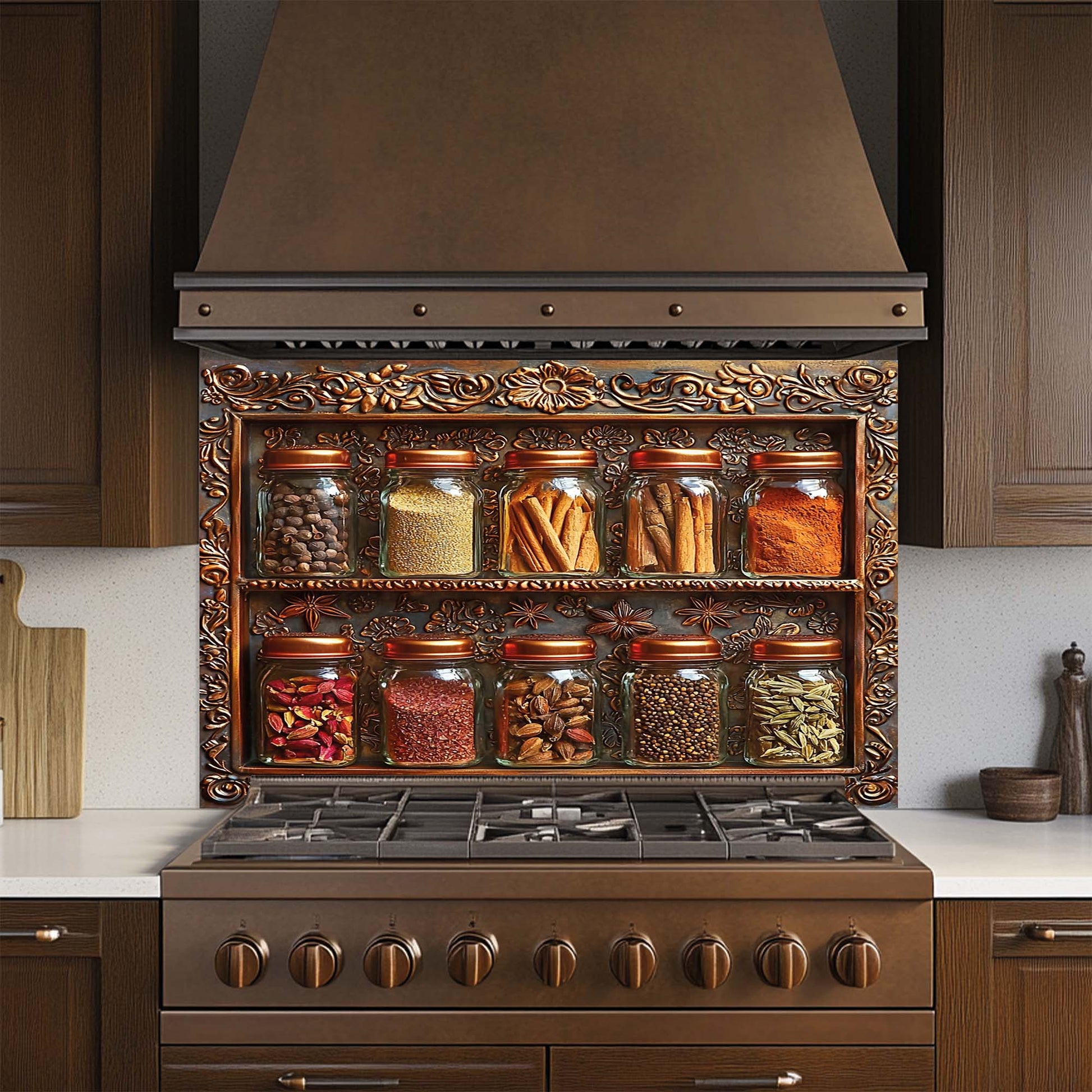 Decorative kitchen glass backsplash with spice jars on a stove