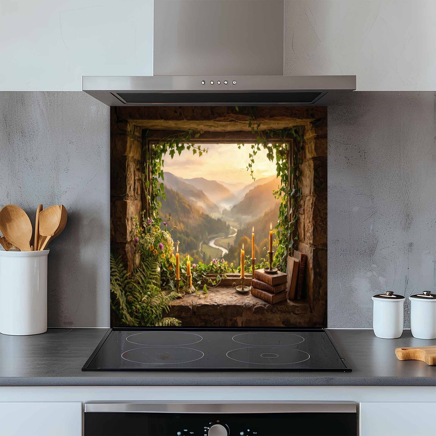 Kitchen with a decorative glass splashback featuring a mountain scene.