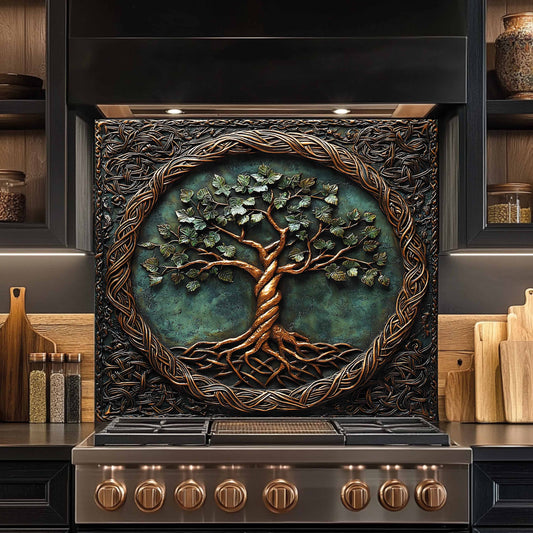 Tempered glass backsplash with a tree design above a stove in a kitchen setting.