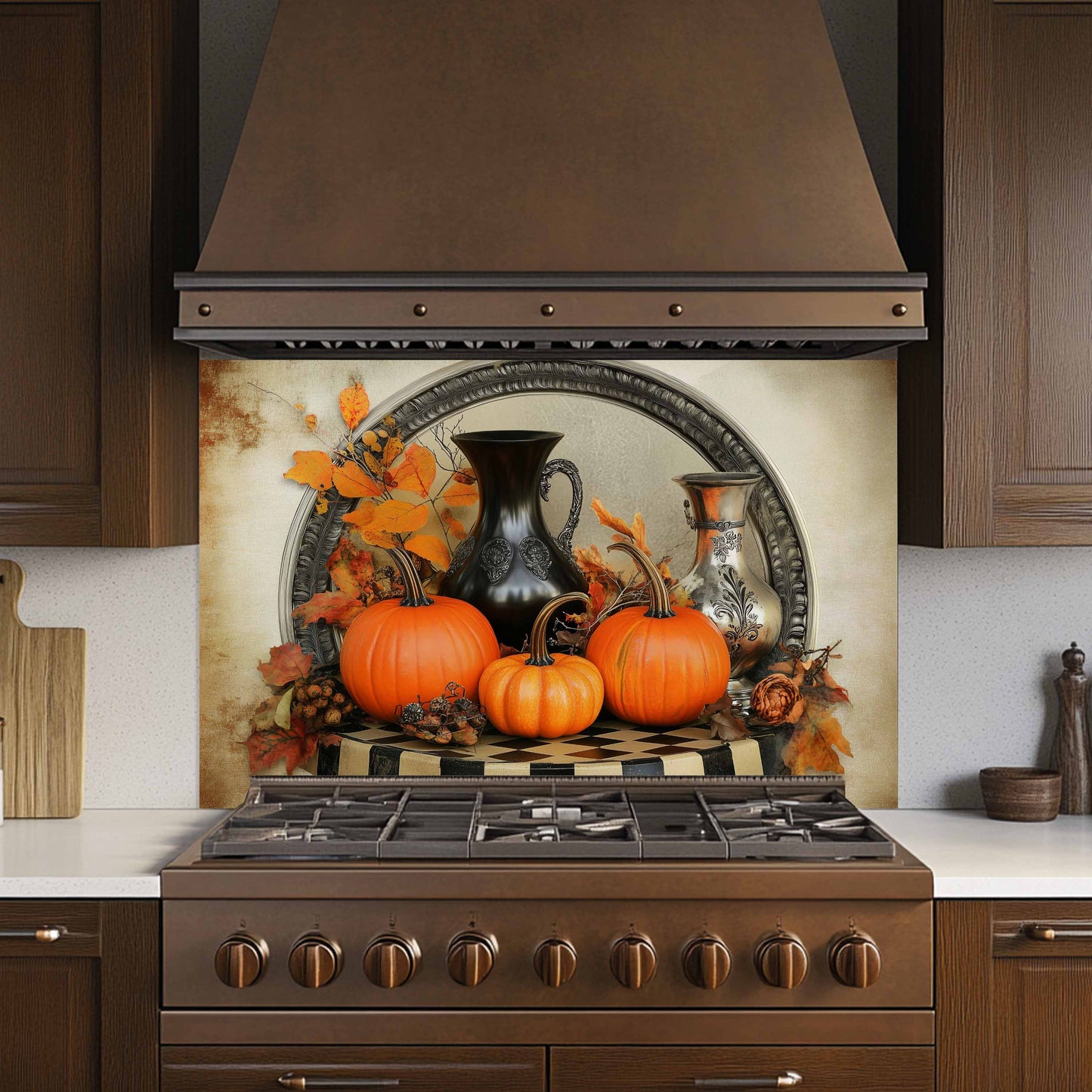 Decorative backsplash with pumpkins and vases above a stove in a kitchen.