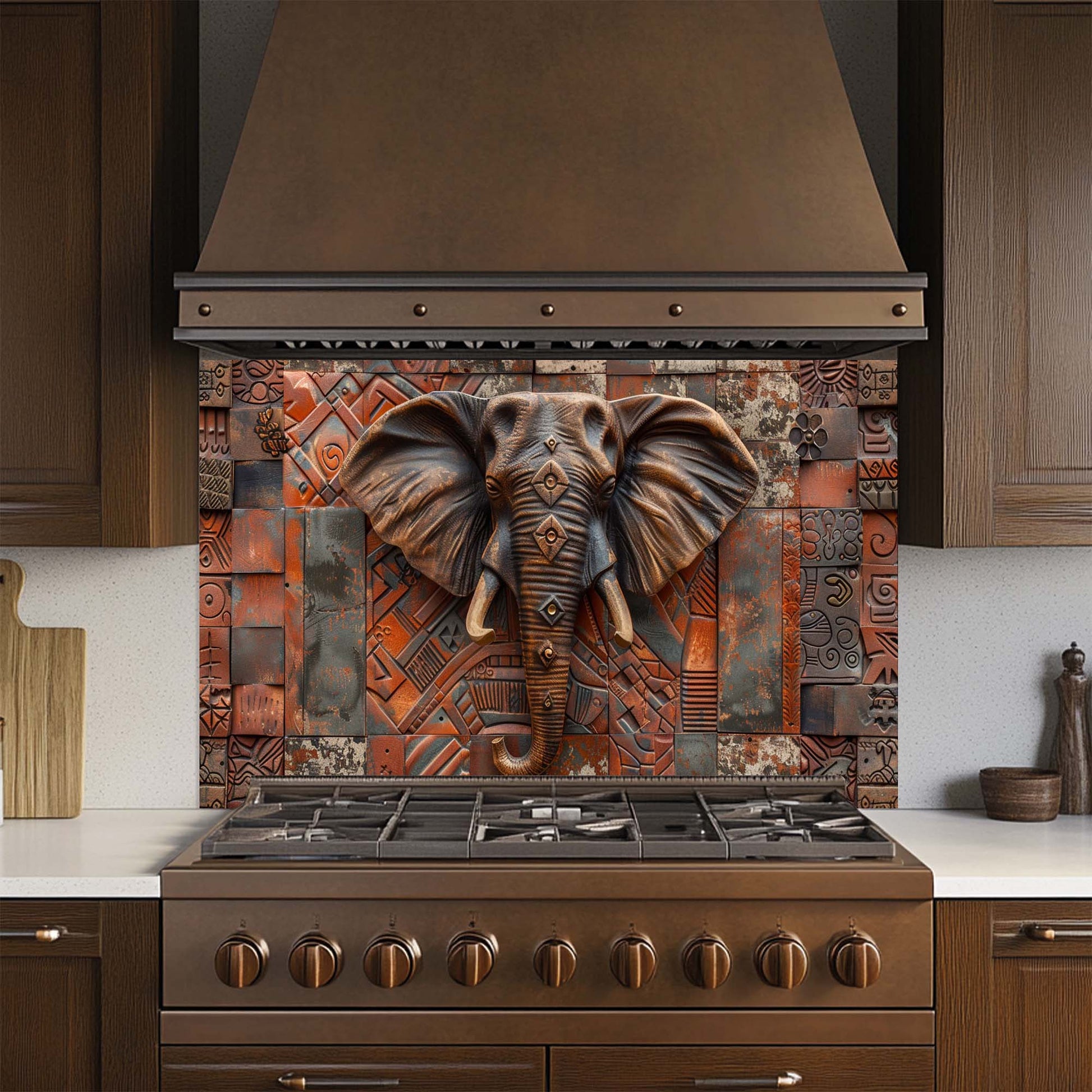Decorative glass backsplash with elephant design above a stove in a kitchen.