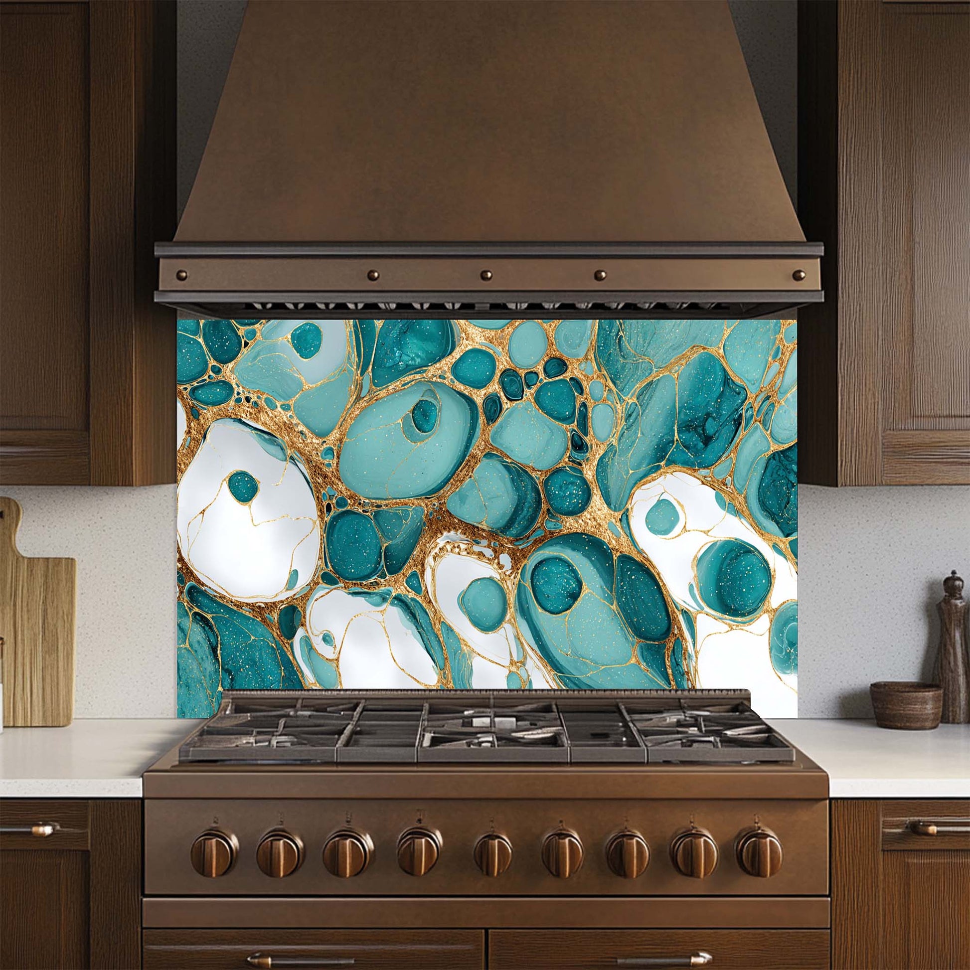 Kitchen stove with a decorative glass backsplash featuring blue and gold abstract design.