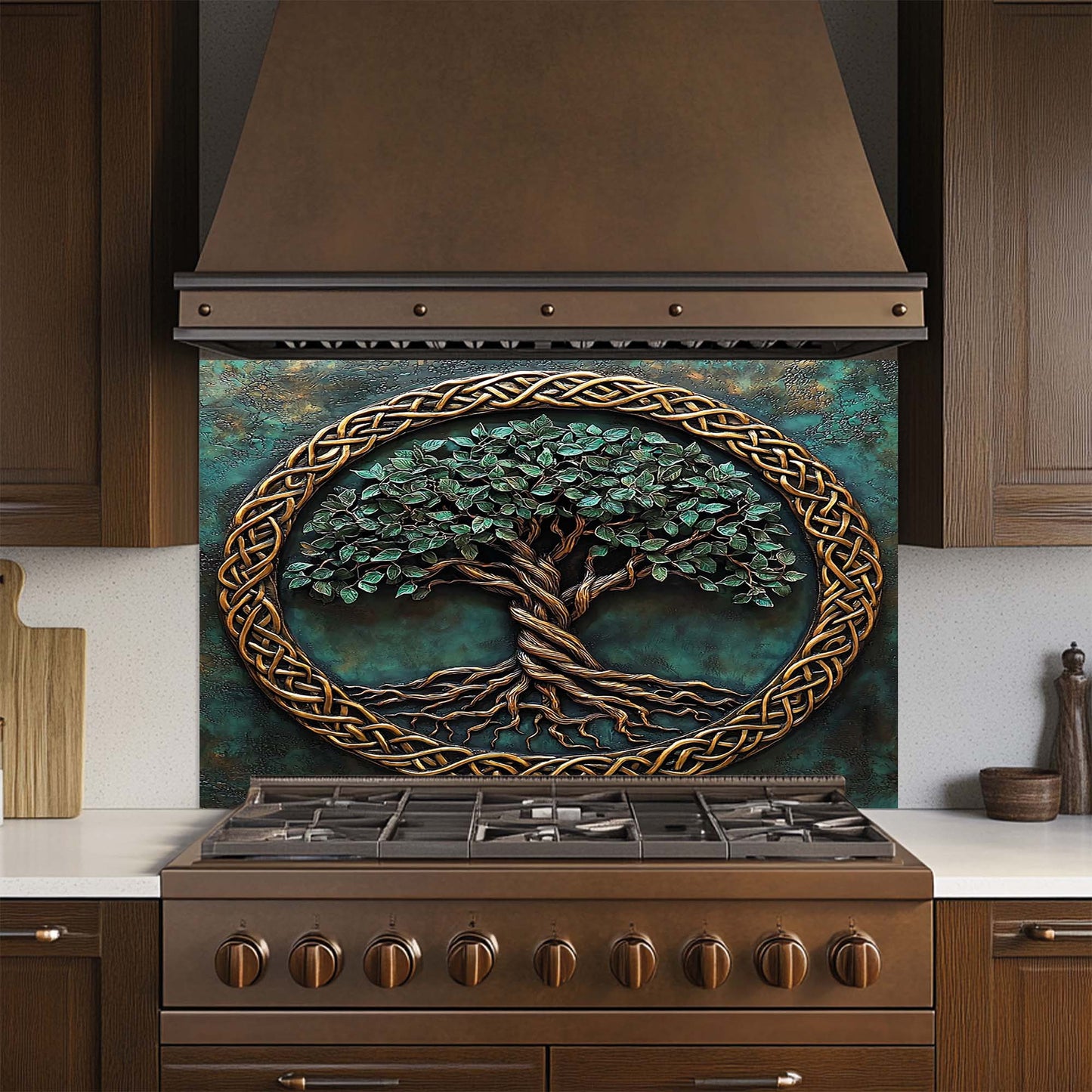Decorative glass backsplash with a tree design above a stove in a kitchen.