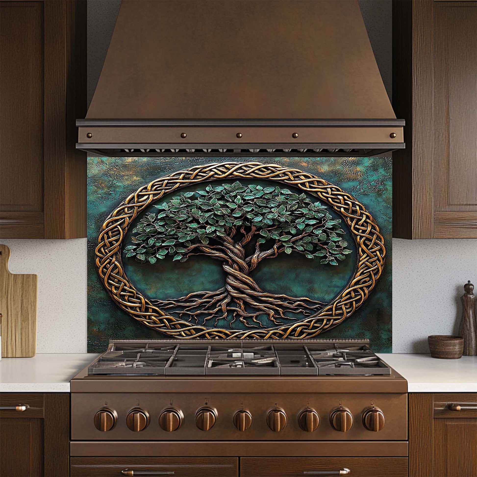 Decorative glass backsplash with a tree design above a stove in a kitchen.