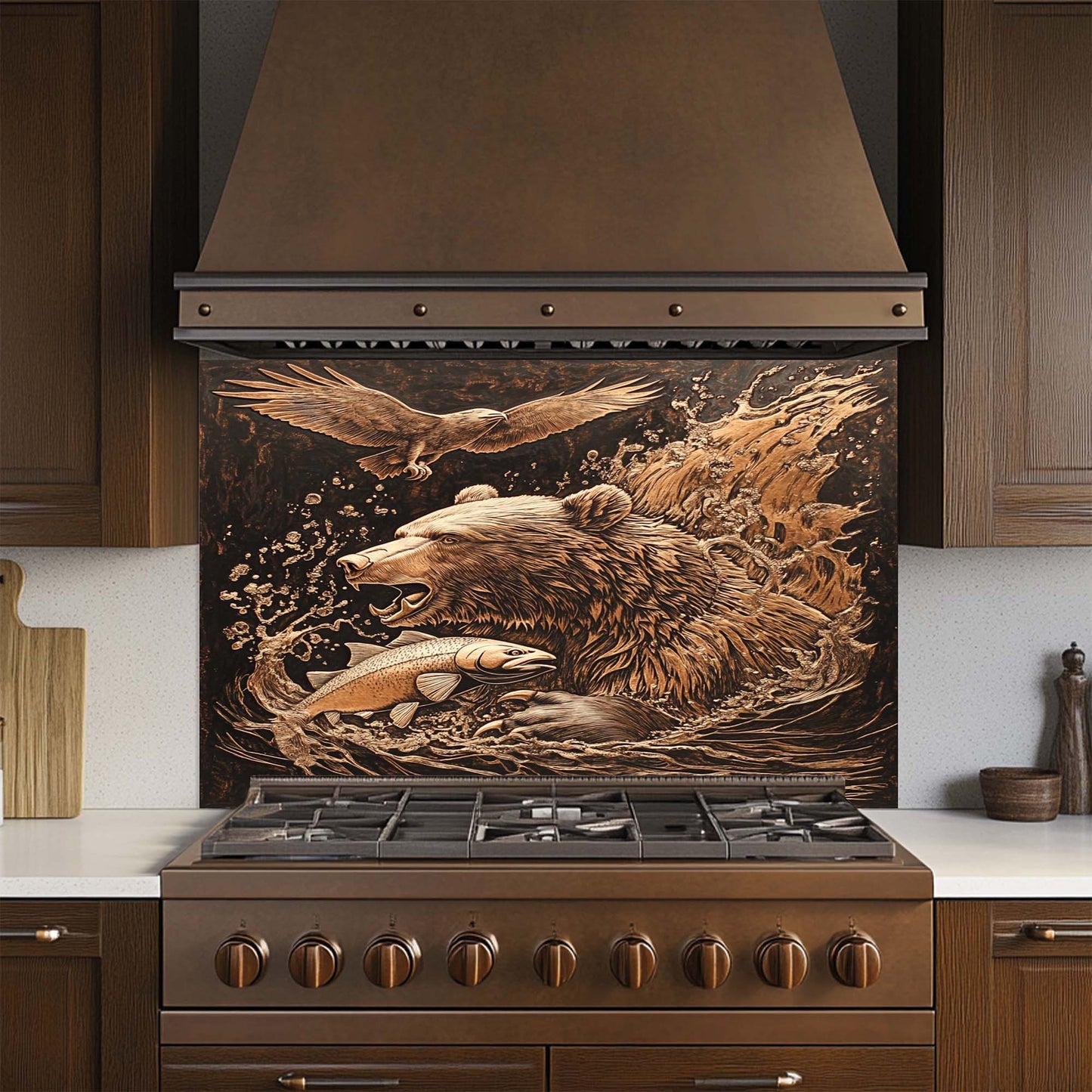 Stainless steel stove with bear and eagle design on the glass backsplash in a kitchen setting.