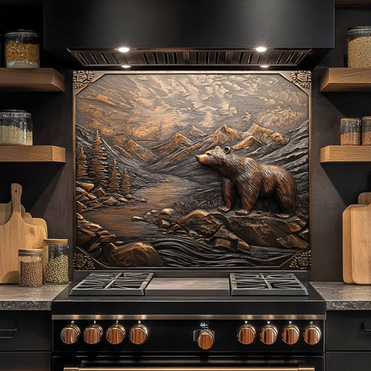 Kitchen stove with a bear and mountain design on the back splash