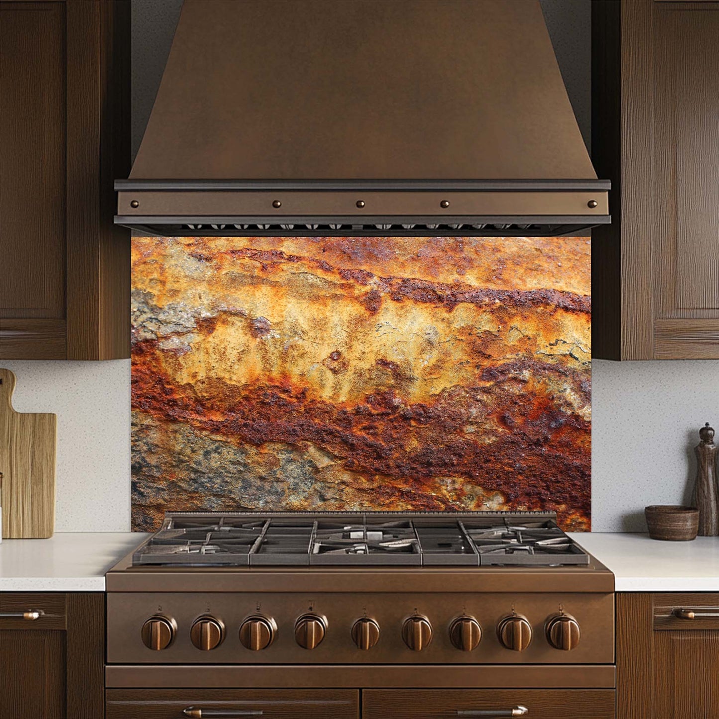 Stainless steel stove with copper hood and rustic glass backsplash in a kitchen setting.