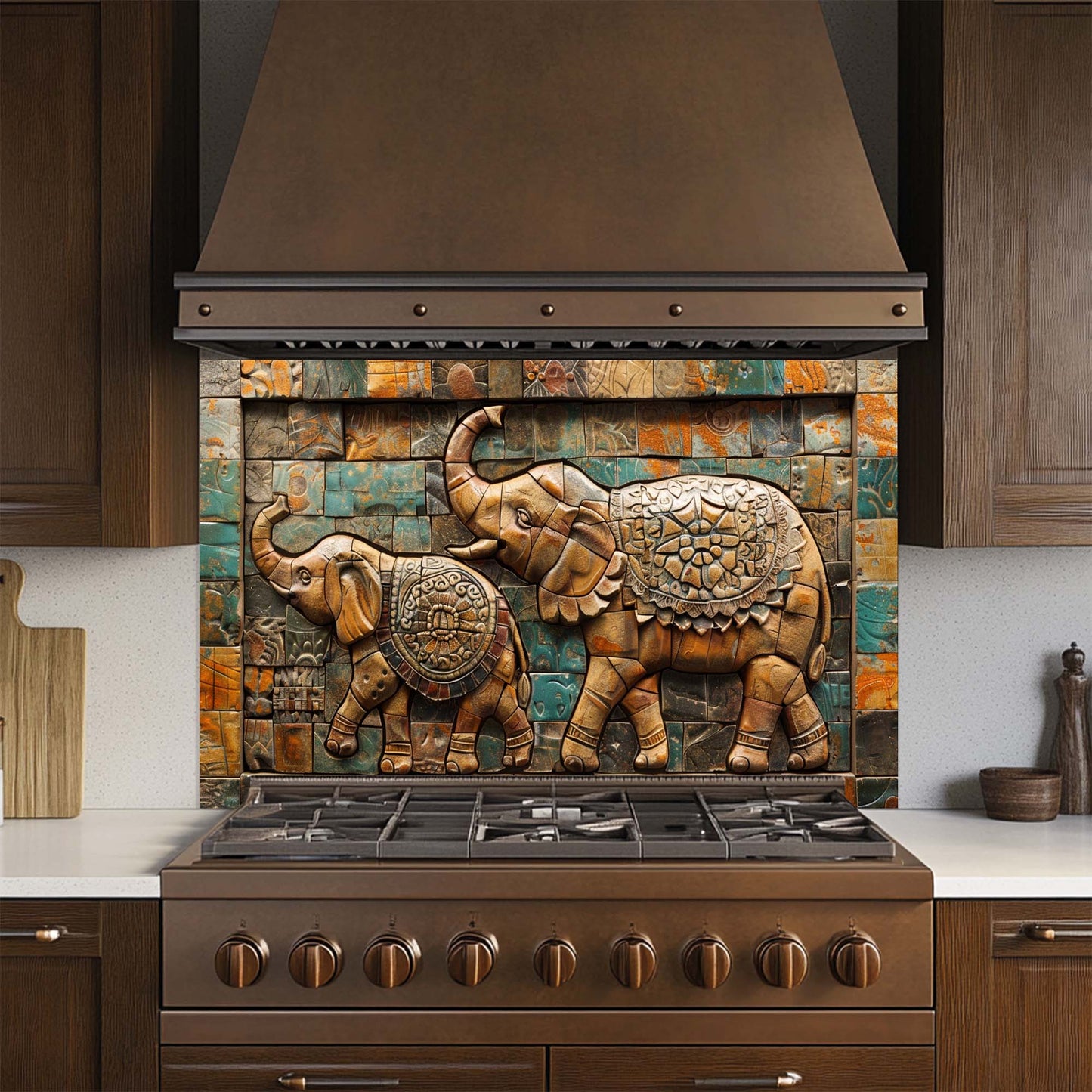Decorative backsplash with elephant design above a stove in a kitchen.