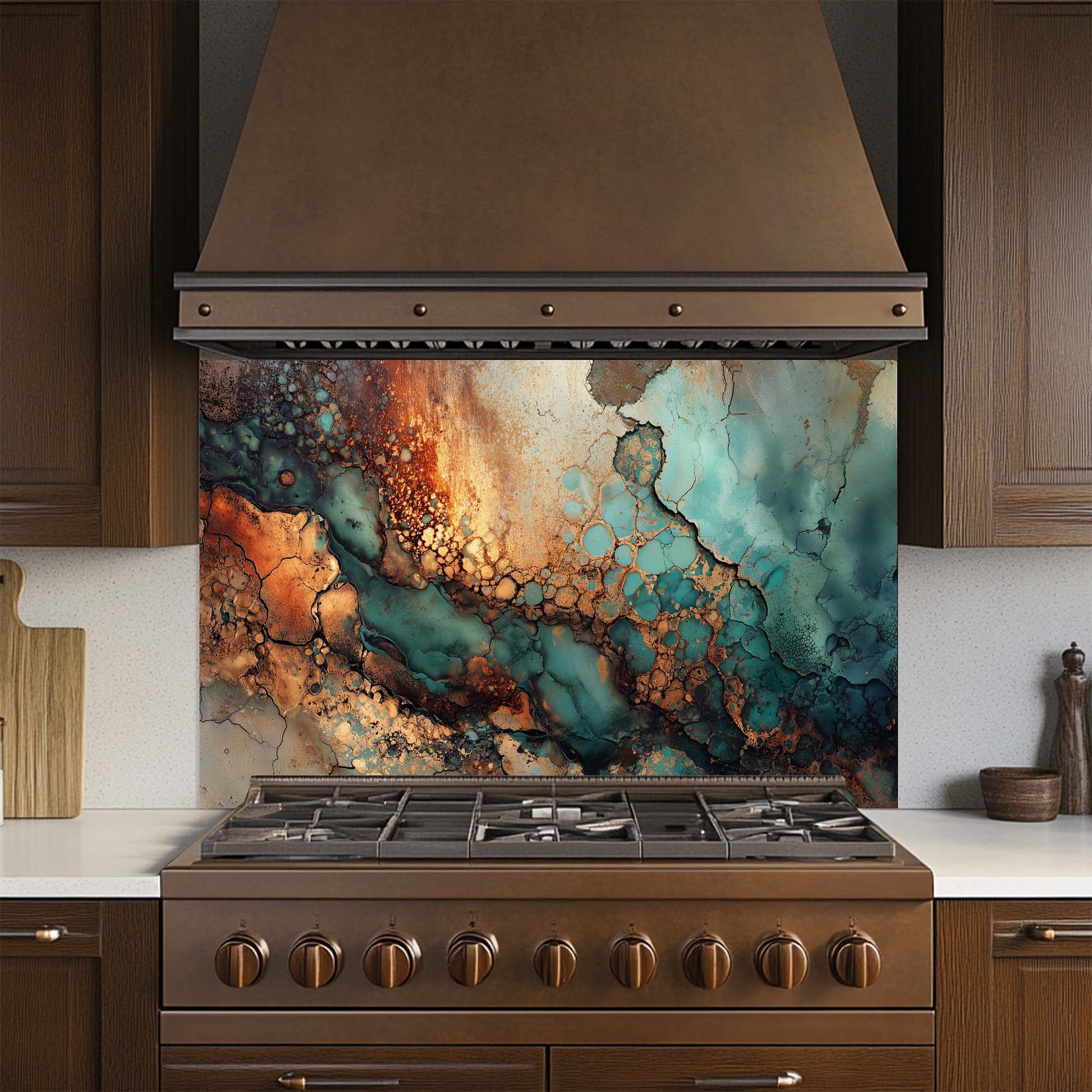 Tempered Glass Backsplash – Abstract Copper and Turquoise Texture with Metallic Finish, Modern Kitchen Decor