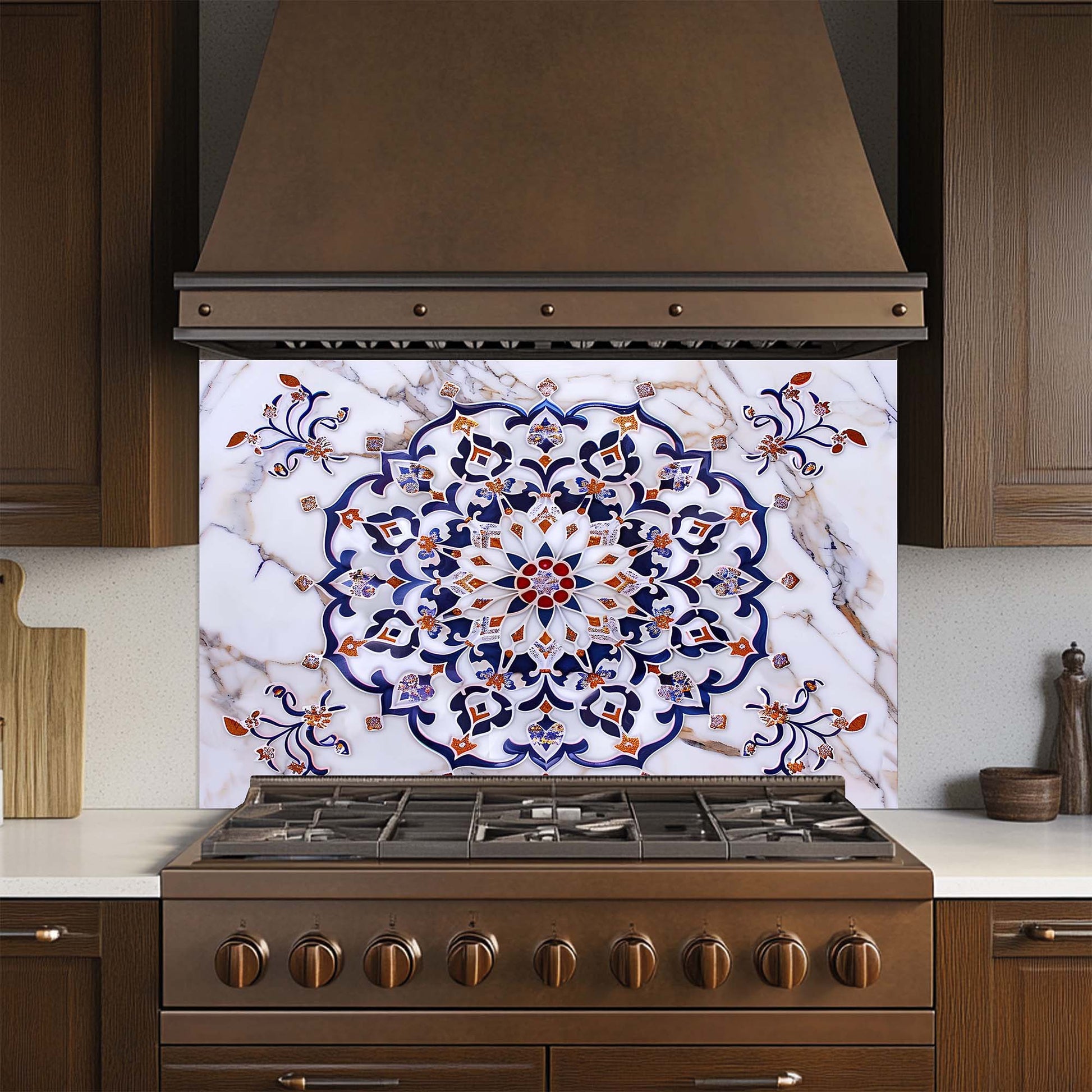 Decorative tile glass backsplash with mandala design above a stove in a kitchen.