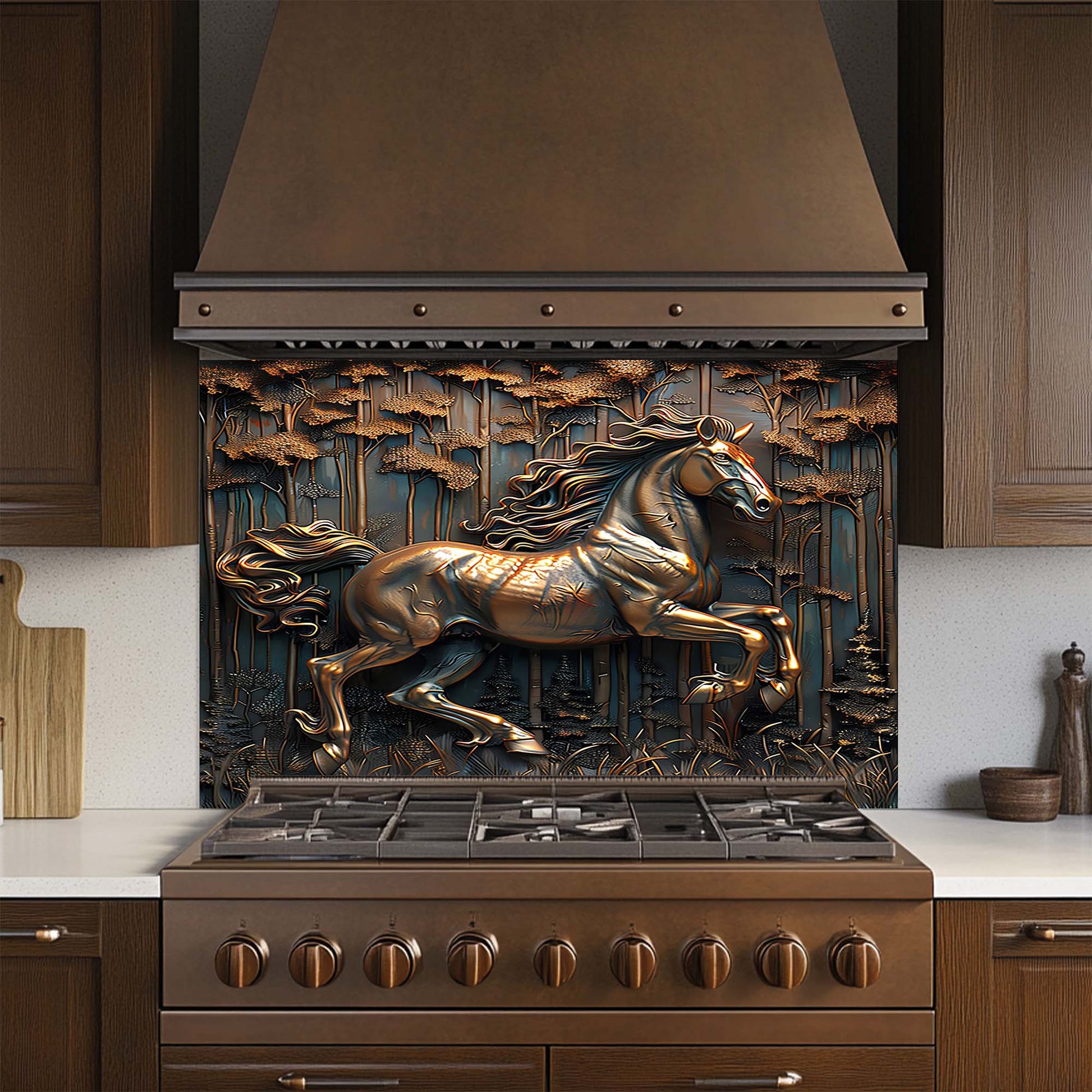 Decorative sglass backsplash with a horse design in a kitchen setting