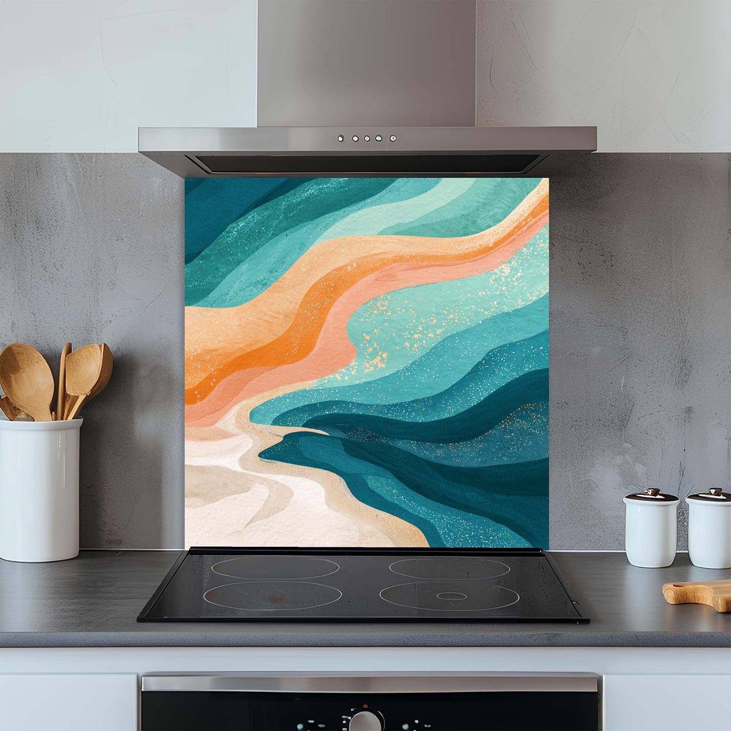 Kitchen with a colorful abstract design on a glass backsplash above a stove.
