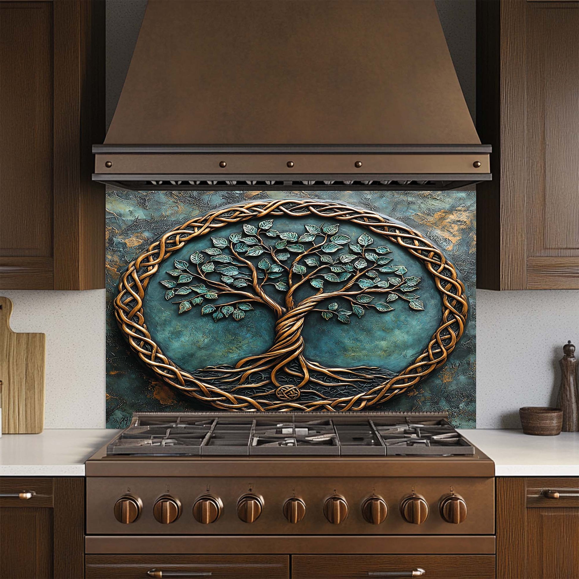 Decorative glass backsplash with a tree design above a stove in a kitchen.