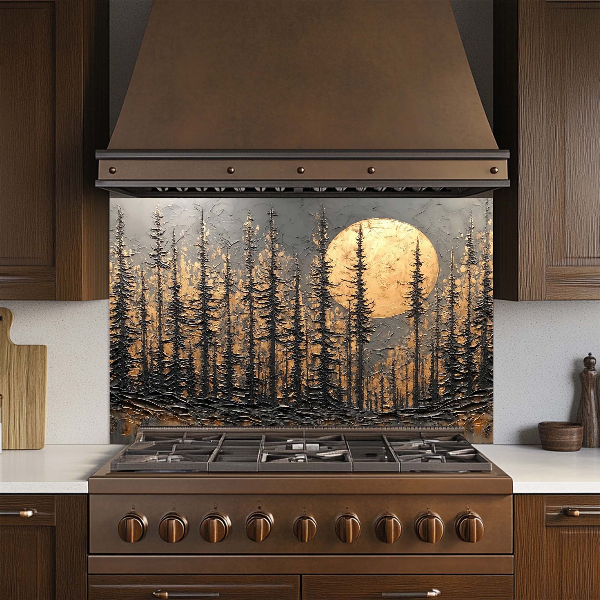 Kitchen stove with decorative forest and moon glass backsplash