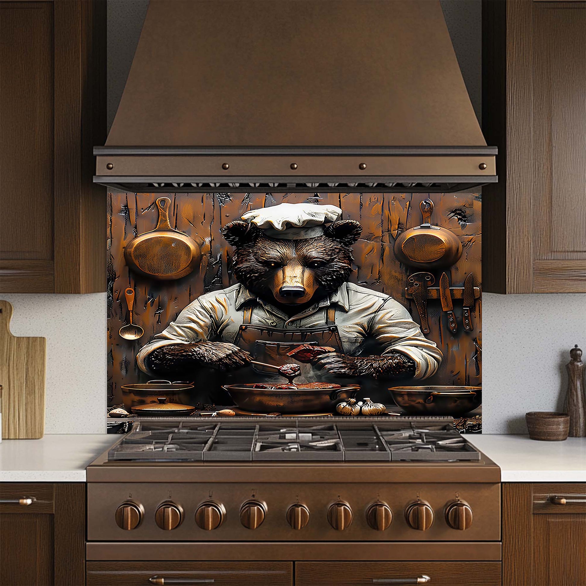 Kitchen stove with a decorative glass backsplash featuring a bear chef.