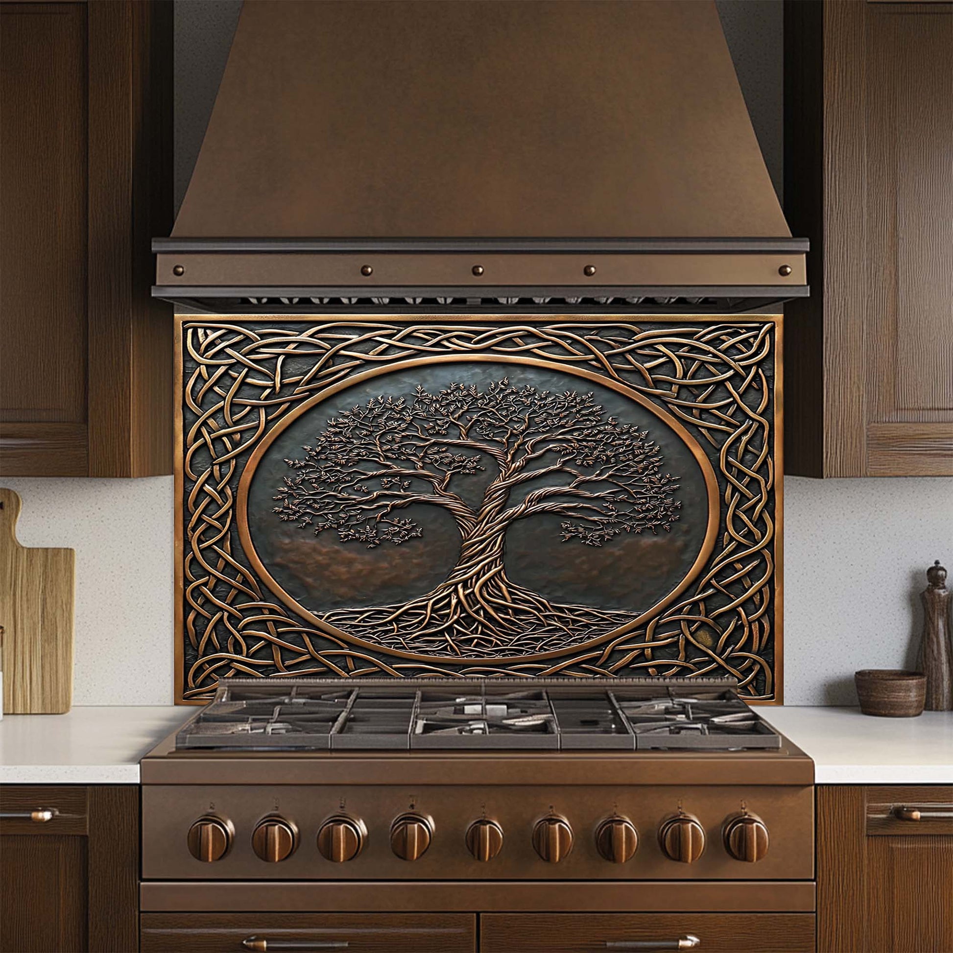 Decorative glass backsplash with tree design in a kitchen setting