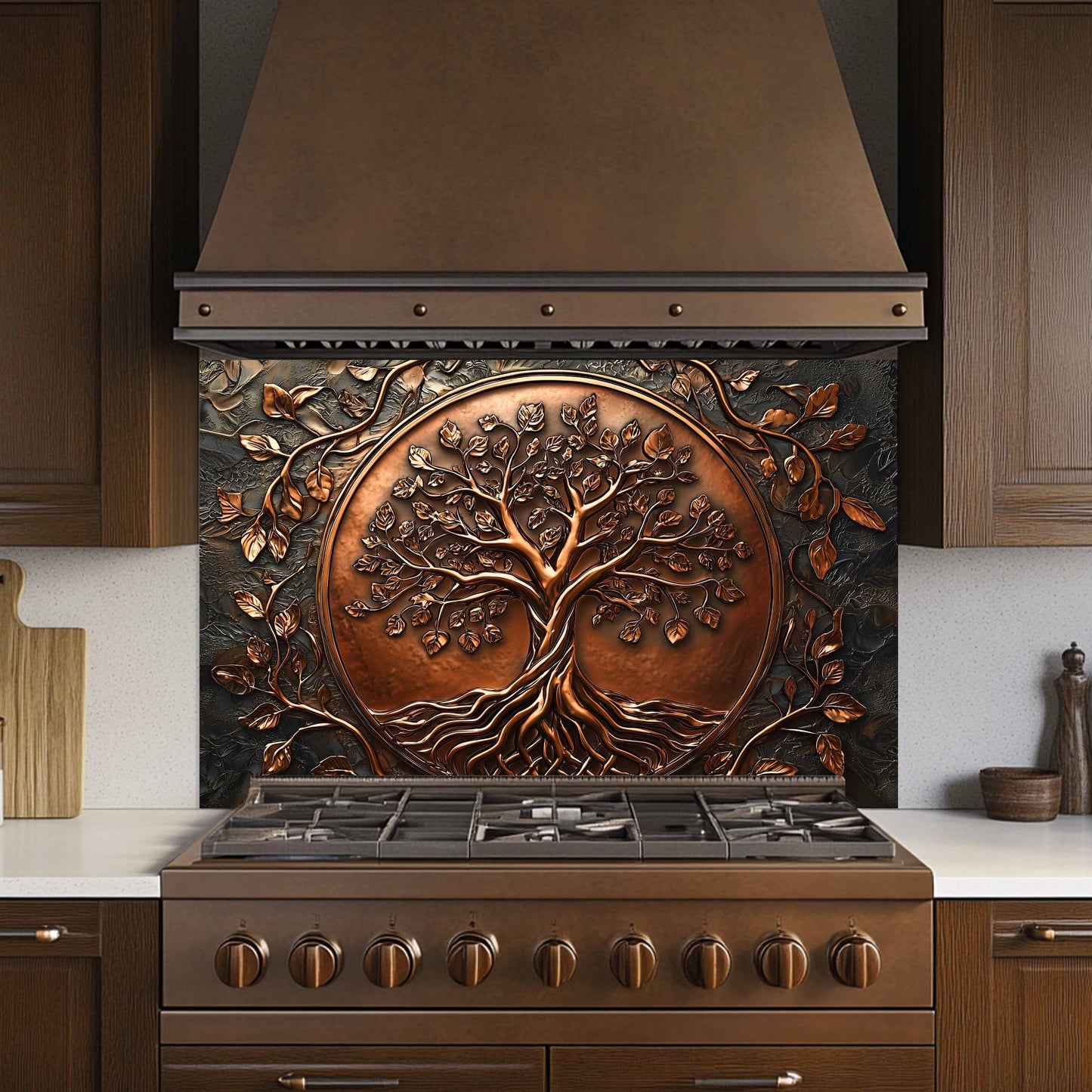 Decorative copper tree splashback on a kitchen stove backsplash with wooden cabinets and countertop.