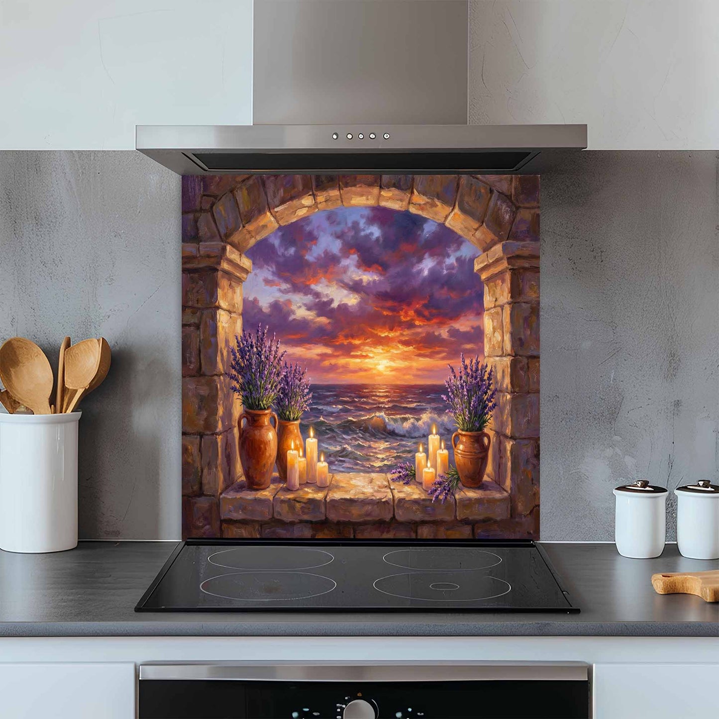 Kitchen backsplash with a scenic design of candles and lavender by the ocean.