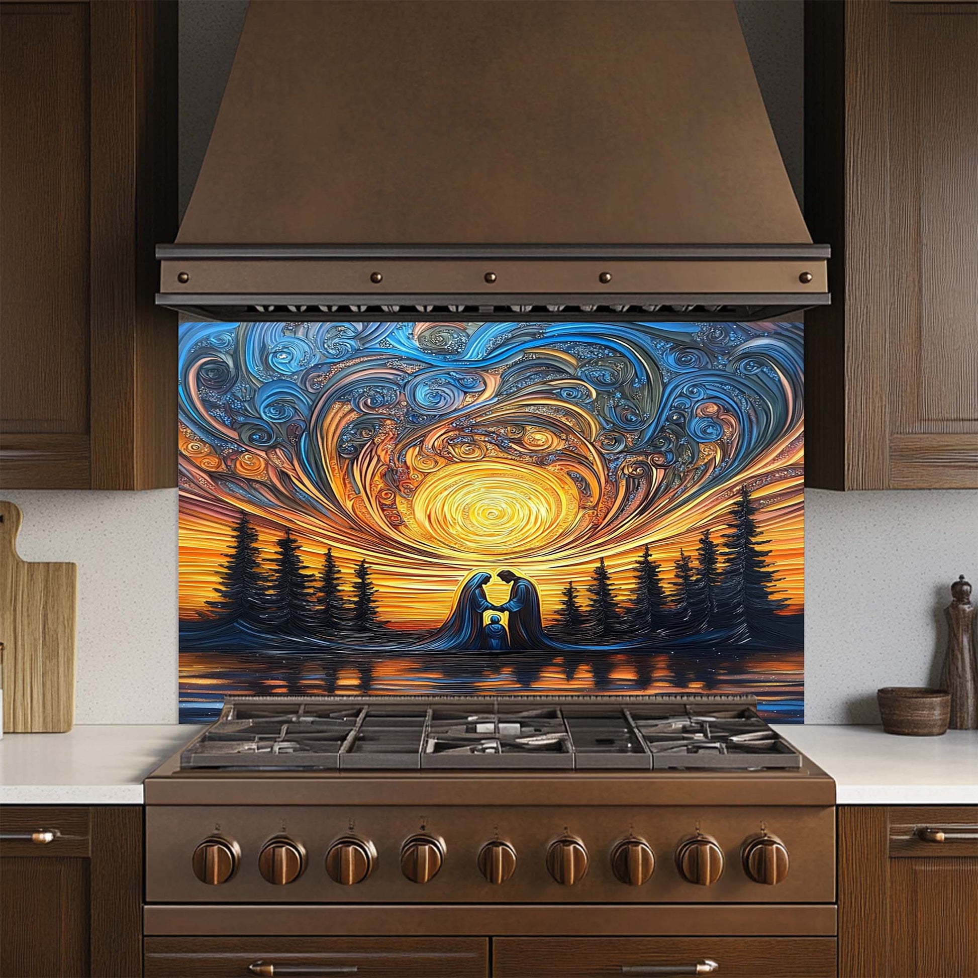 Stainless steel stove with a decorative glass backsplash featuring a swirling design and silhouette of a person and trees.