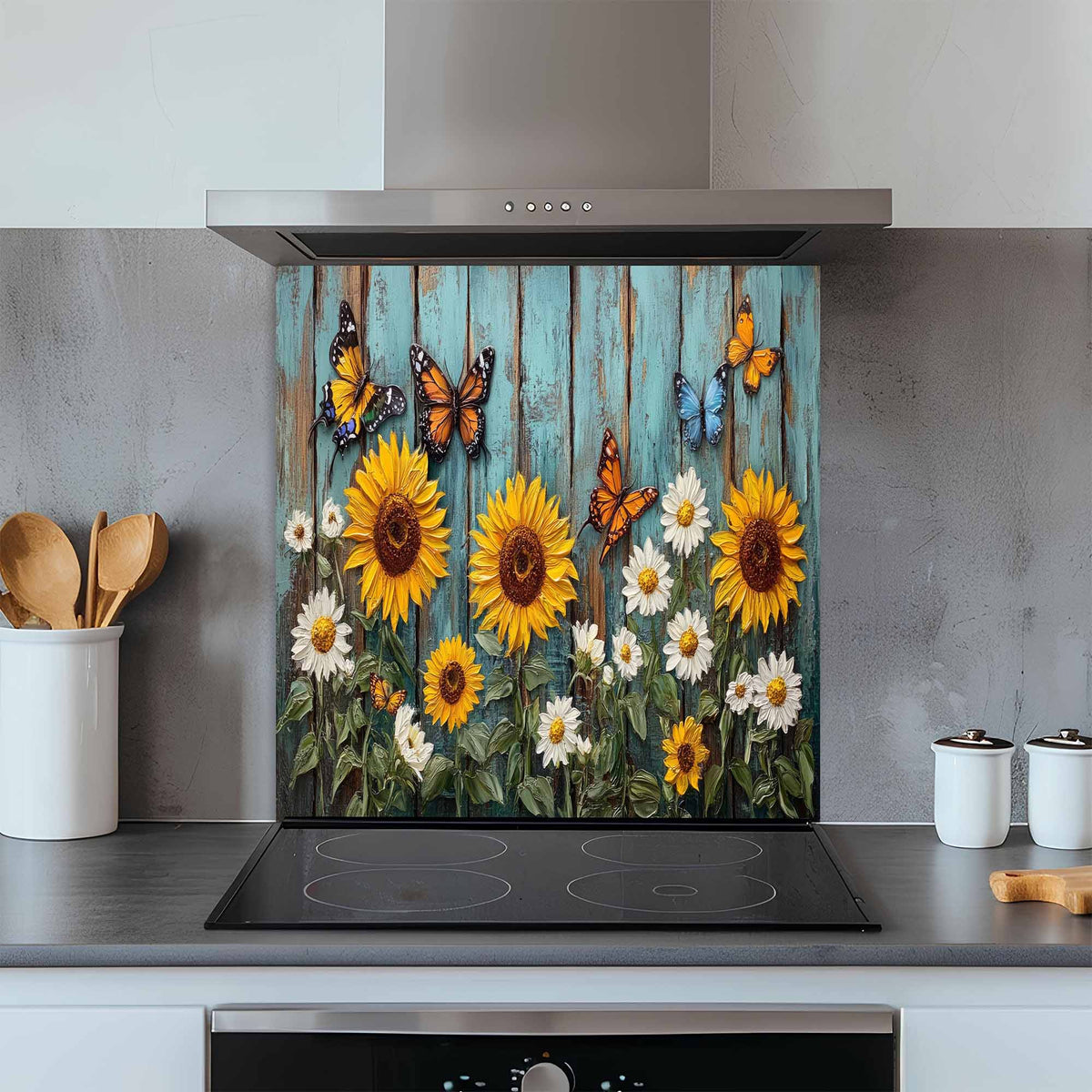 Kitchen with a decorative glass backsplash featuring sunflowers and butterflies.