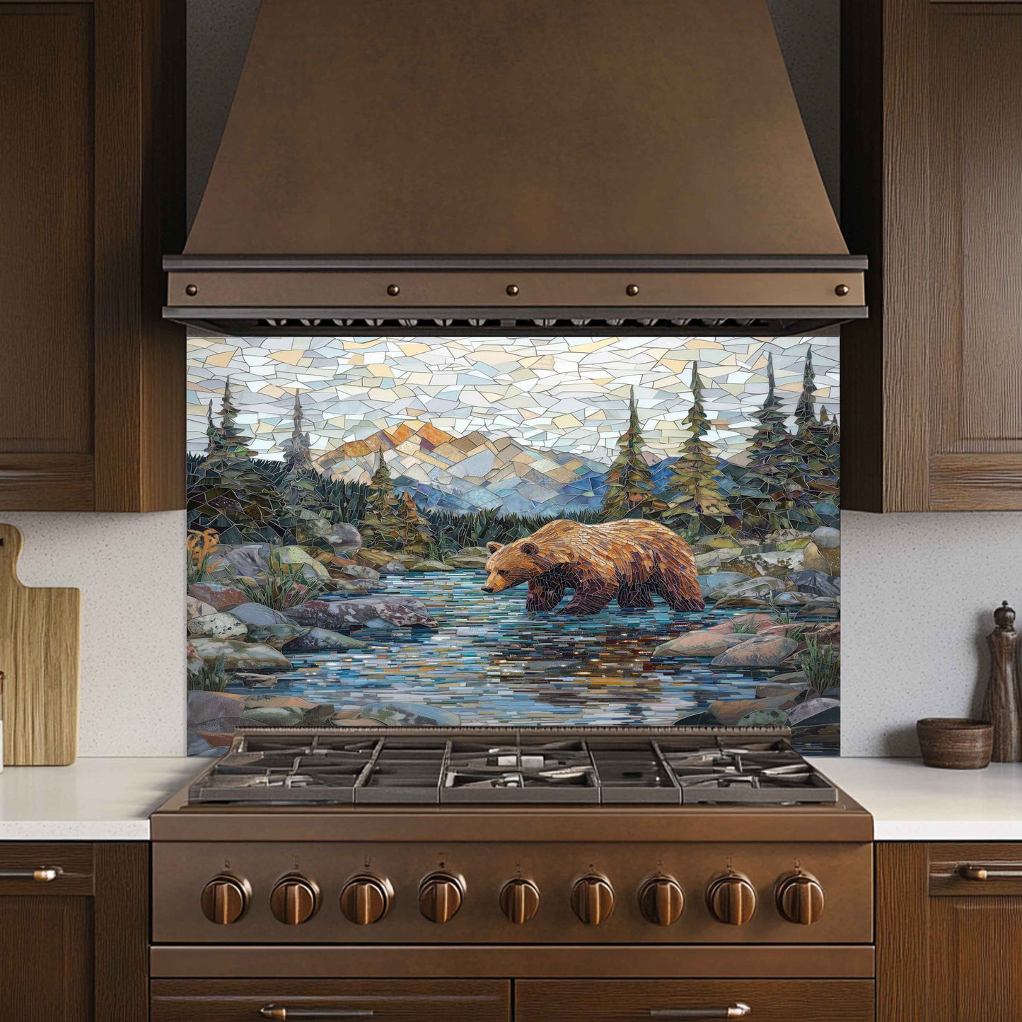 Kitchen stove with a bear and nature-themed backsplash
