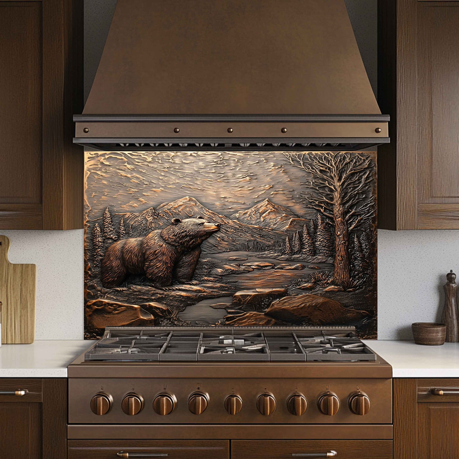 Stainless steel stove with decorative backsplash featuring a bear and nature scene in a kitchen.