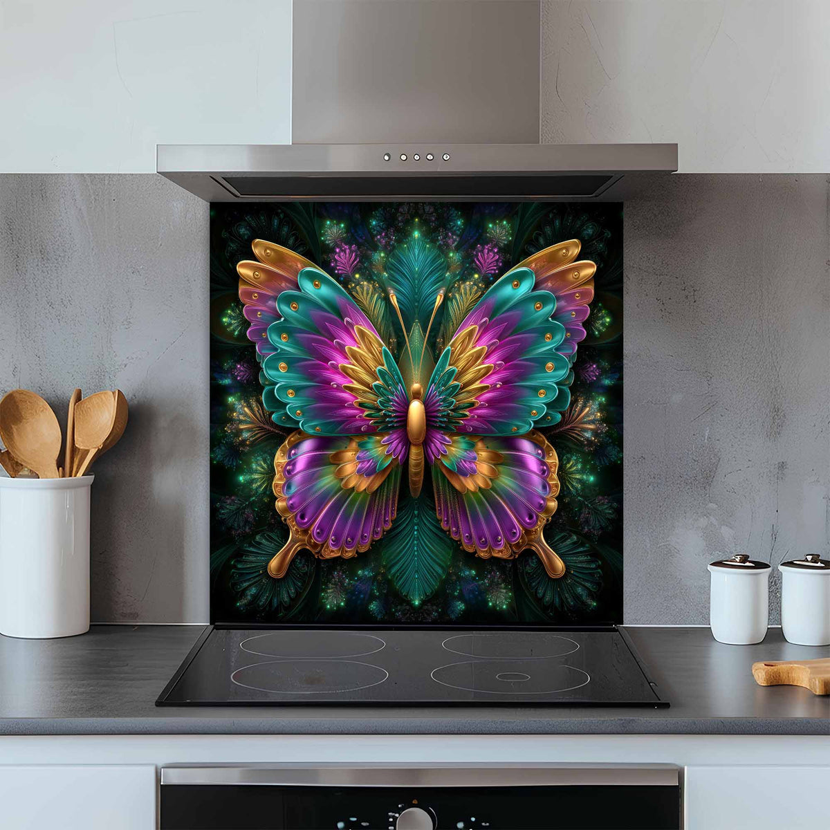 Colorful butterfly design on a kitchen backsplash with wooden spoons and containers.