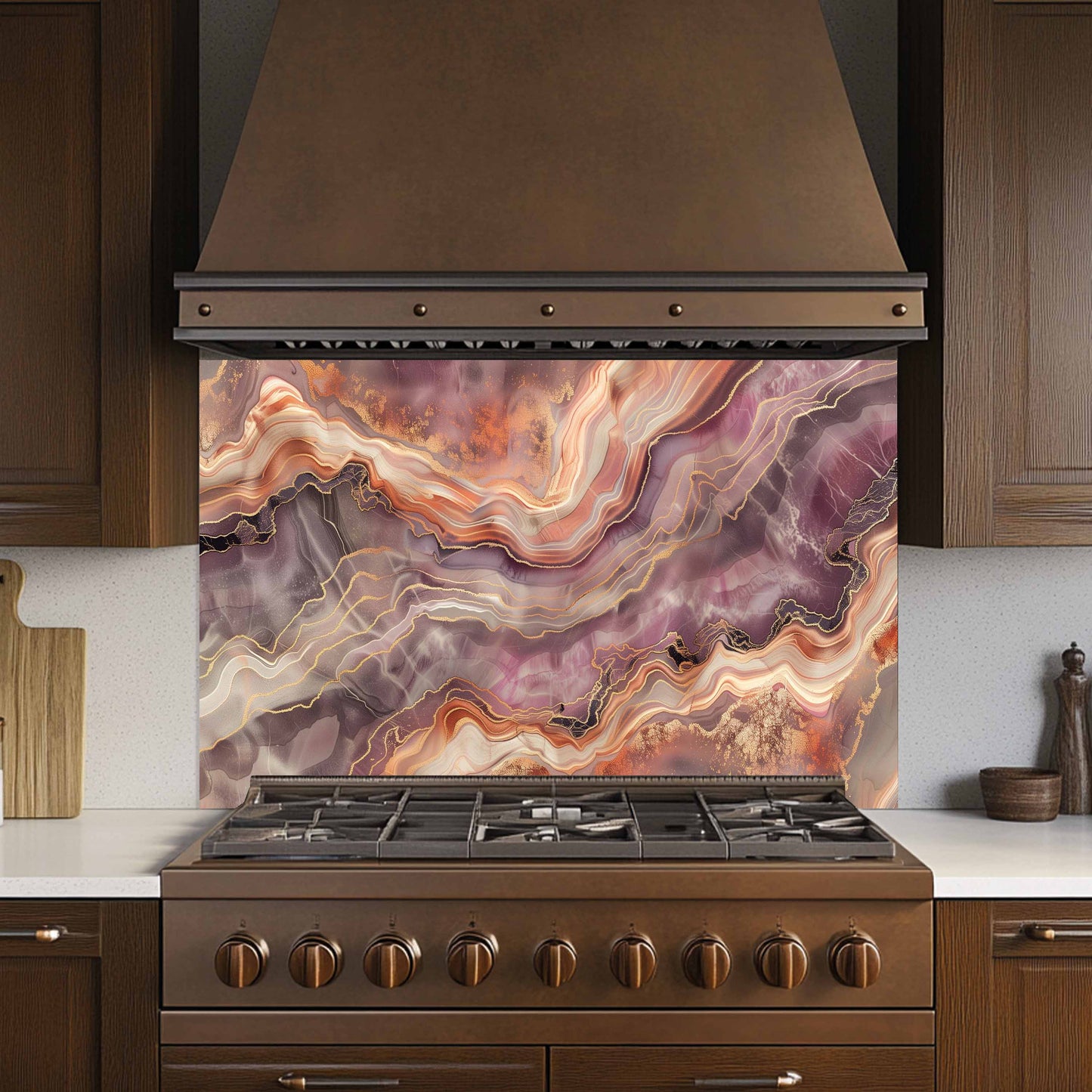Stainless steel stove with marbled backsplash in a kitchen setting