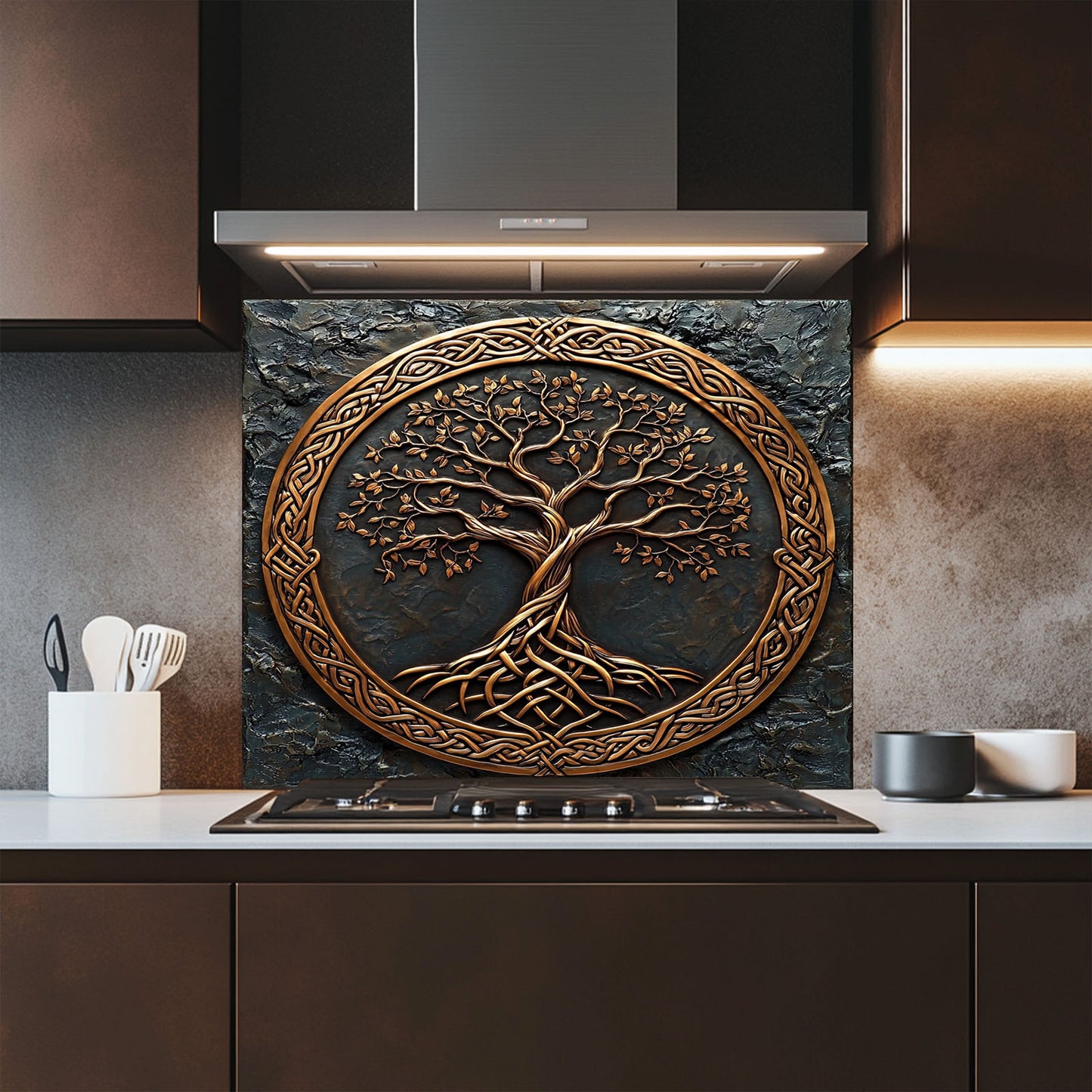 Decorative backsplash with a tree design in a modern kitchen setting
