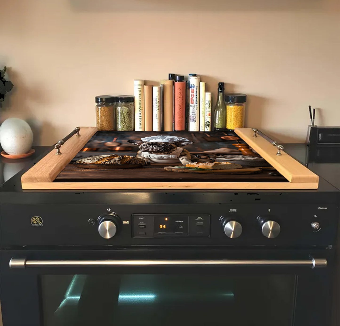 Black stove with wooden cutting board on top, books, and jars in the background.