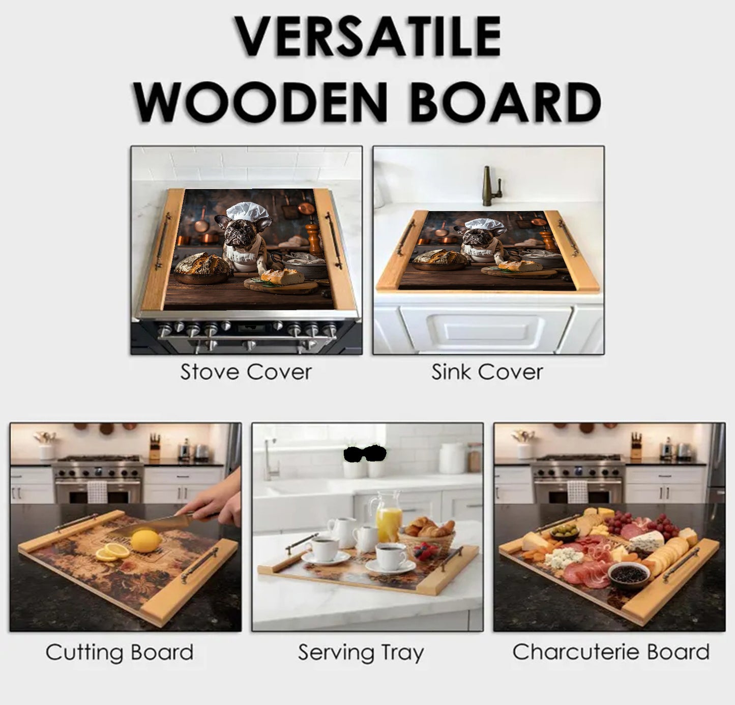 Versatile wooden board used as a stove cover, sink cover, cutting board, serving tray, and charcuterie board.
