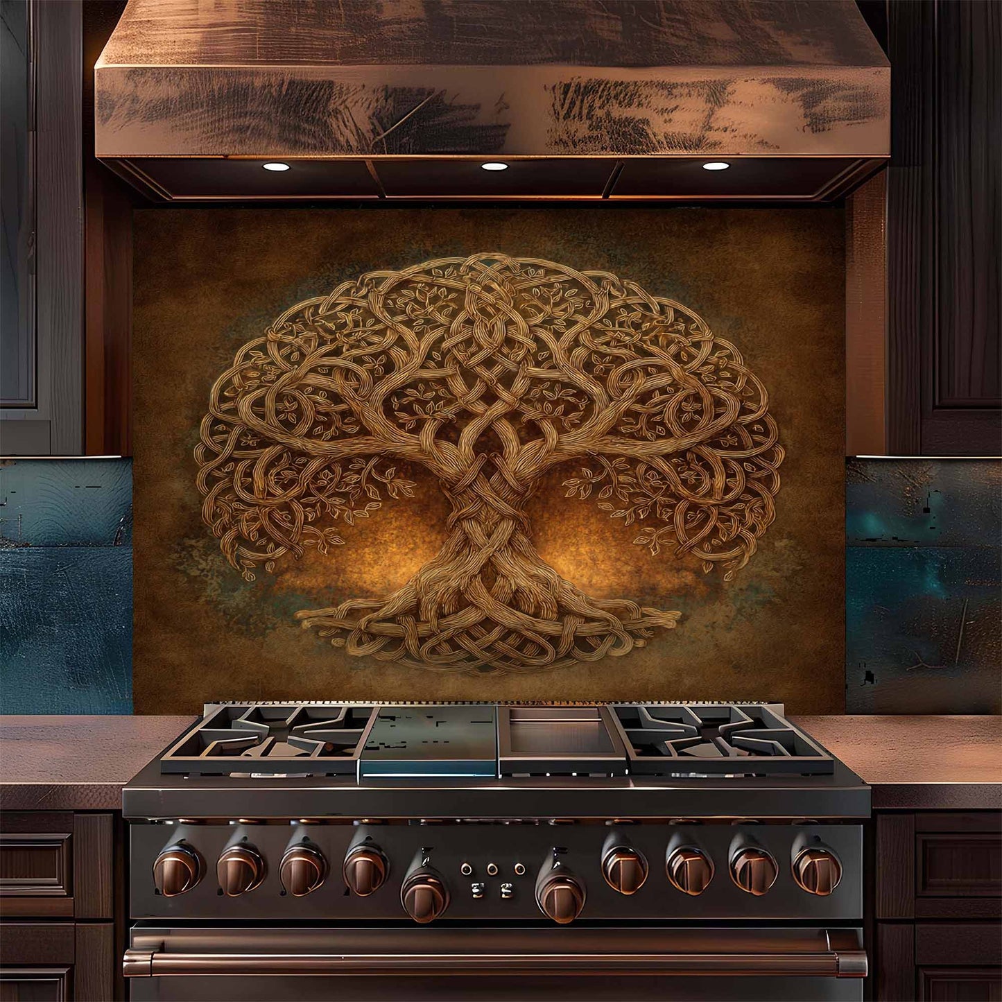 Stainless steel stove with decorative tree backsplash in a kitchen setting