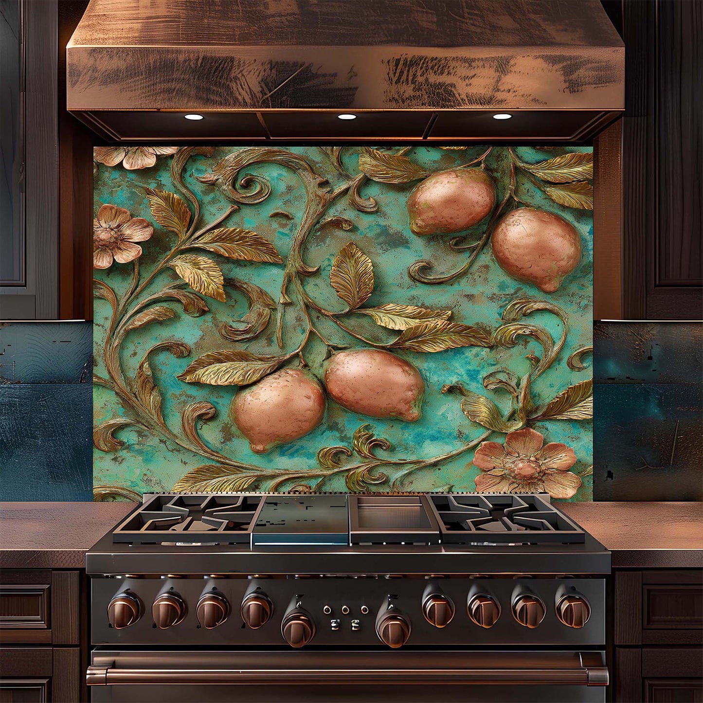Decorative backsplash with floral and fruit design above a stove in a kitchen.