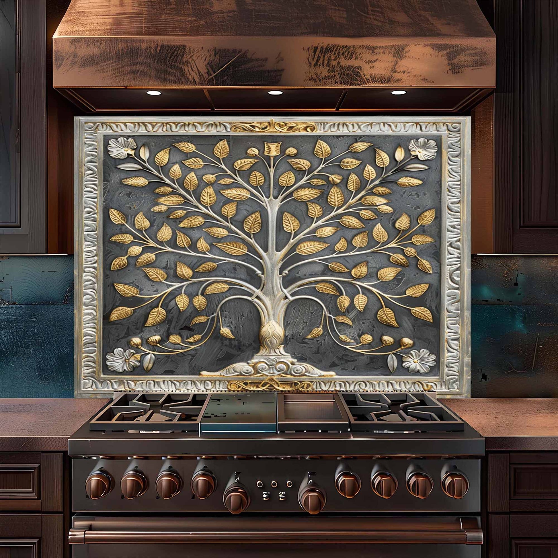 Decorative backsplash with a tree design above a stove in a kitchen.