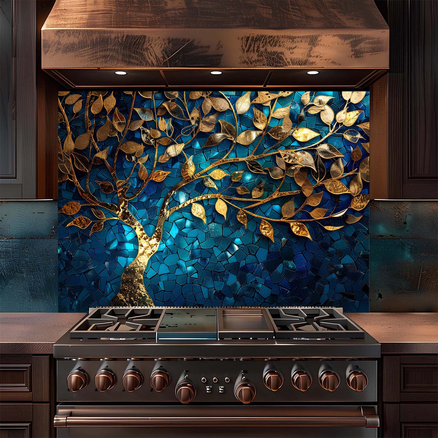 Stainless steel stove with decorative blue and gold tree backsplash in a kitchen setting