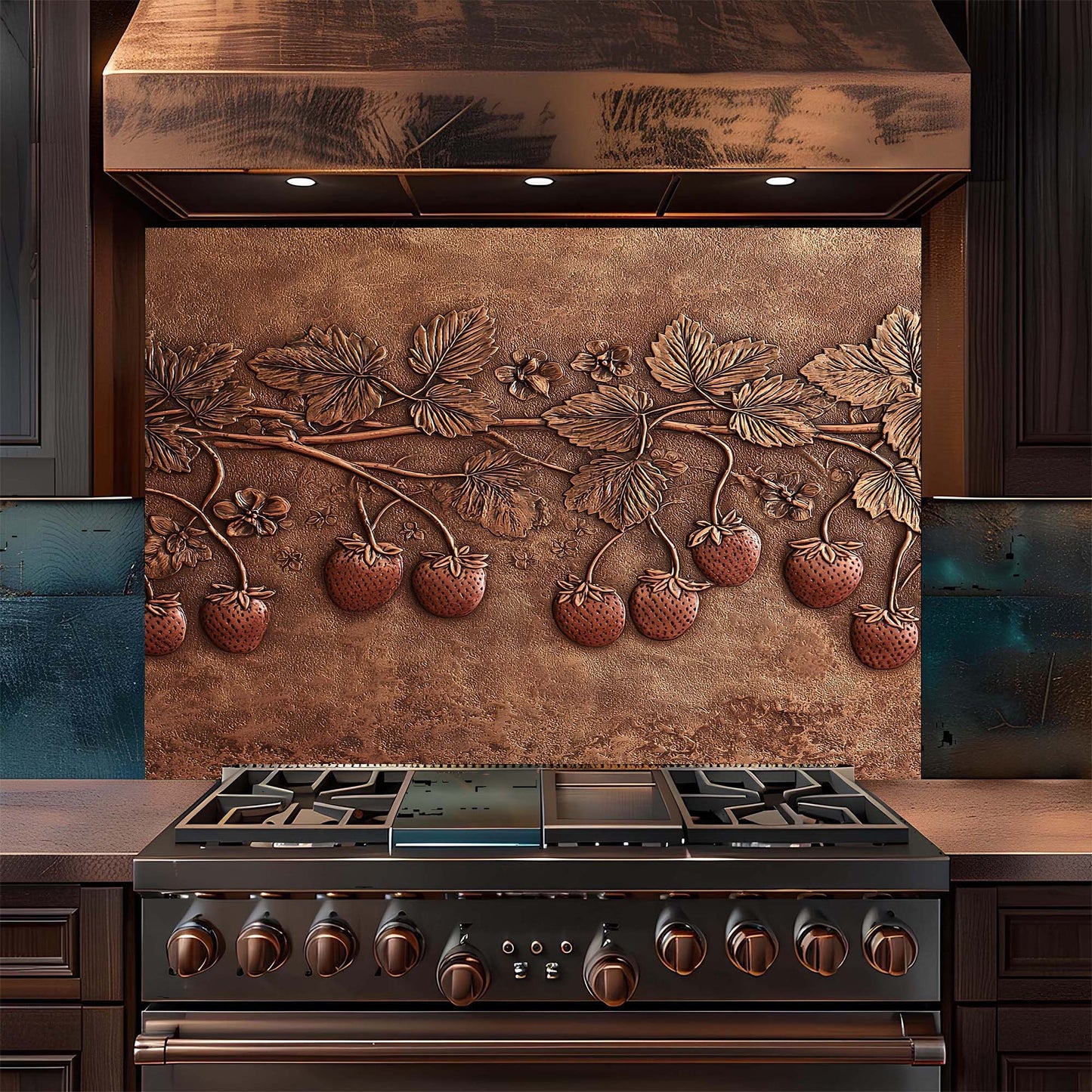 Stainless steel stove with decorative copper look glass backsplash featuring embossed plants and fruits.