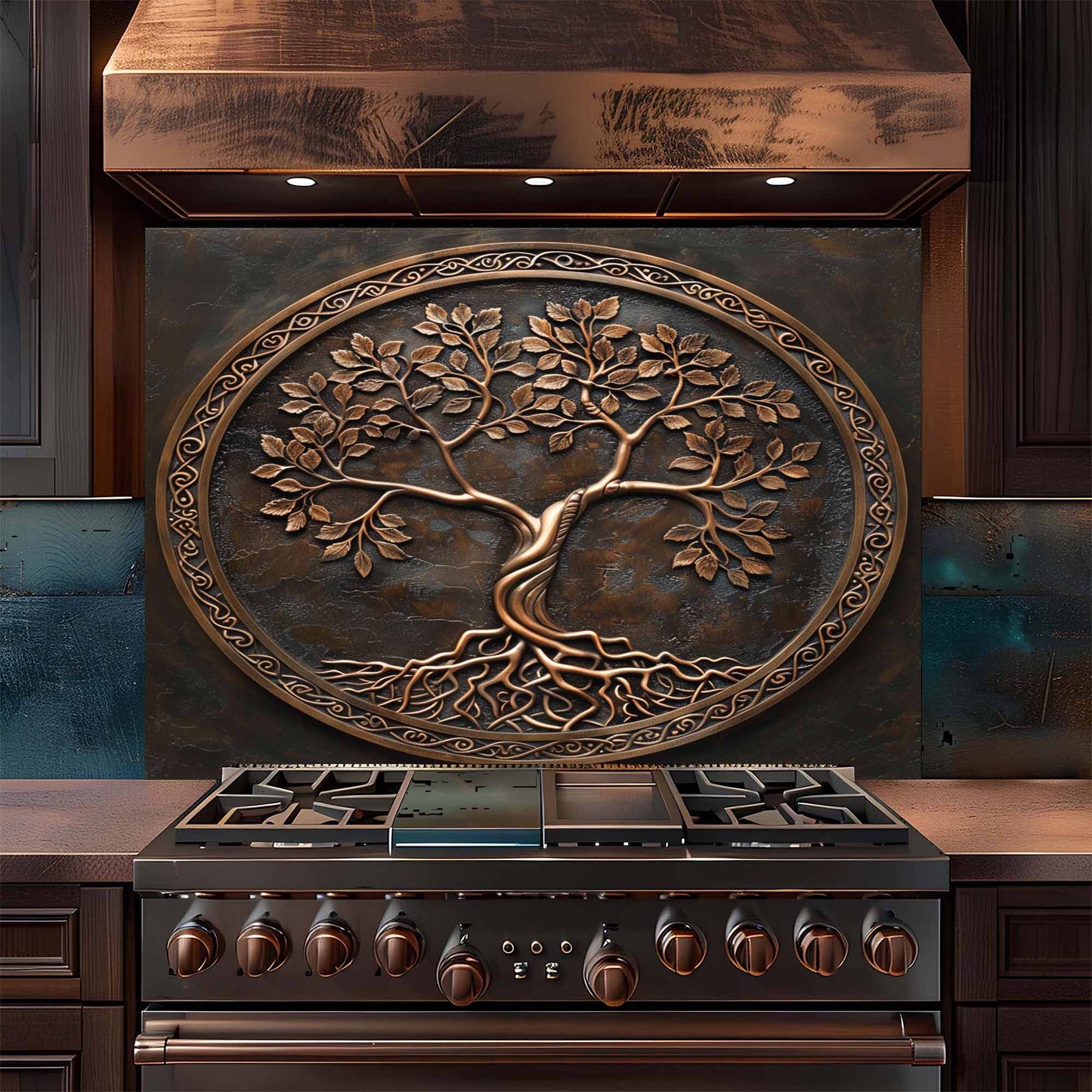 Stainless steel stove with decorative tree backsplash above it in a kitchen setting.