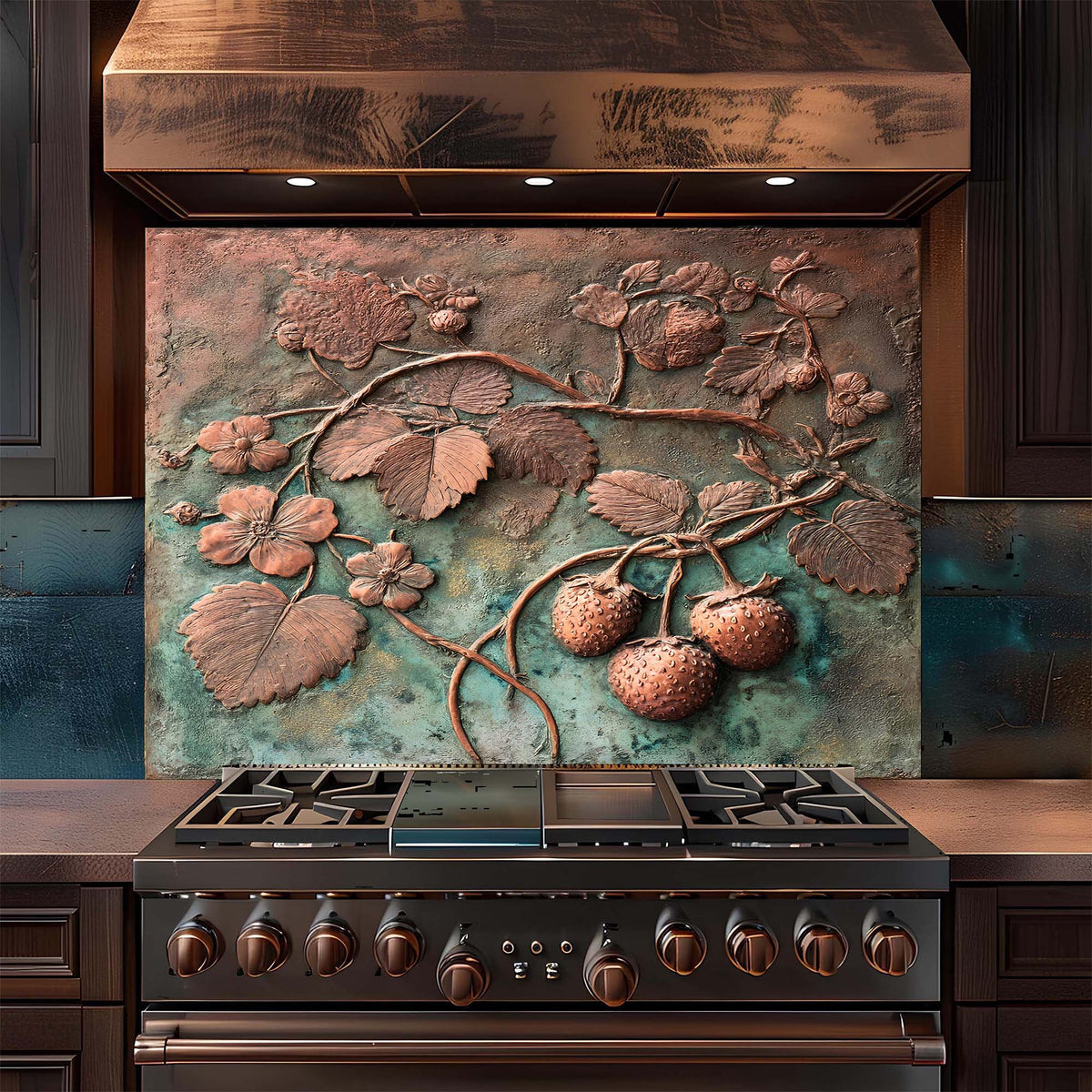 Stainless steel stove with decorative floral glass backsplash in a kitchen setting