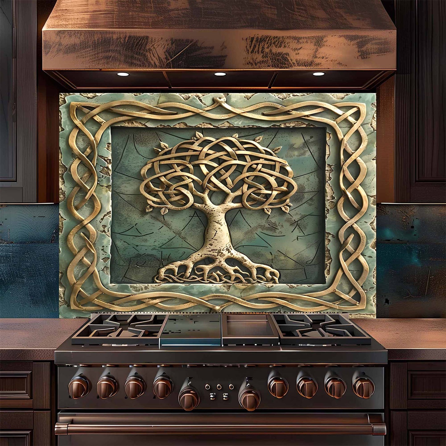 Decorative backsplash with tree design above a stove in a kitchen setting