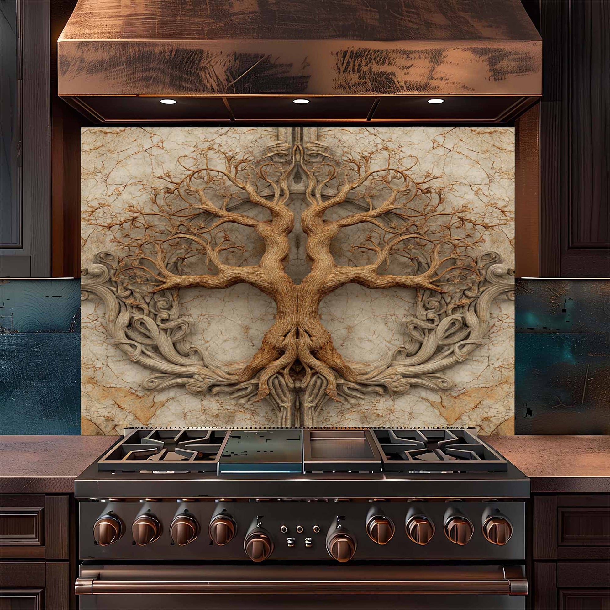 Stainless steel stove with decorative backsplash featuring a tree design.