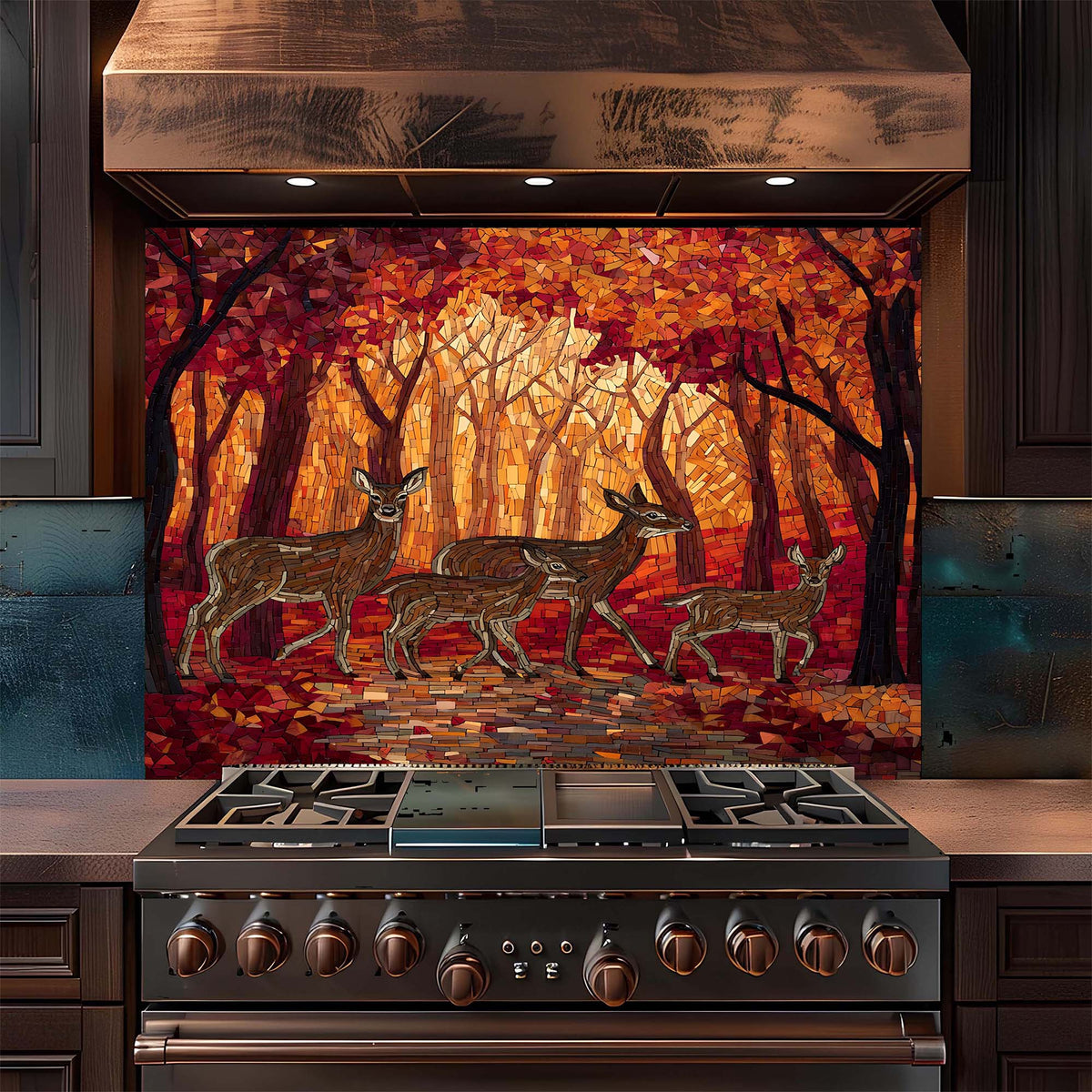 Stainless steel stove with deer backsplash on the wall behind it