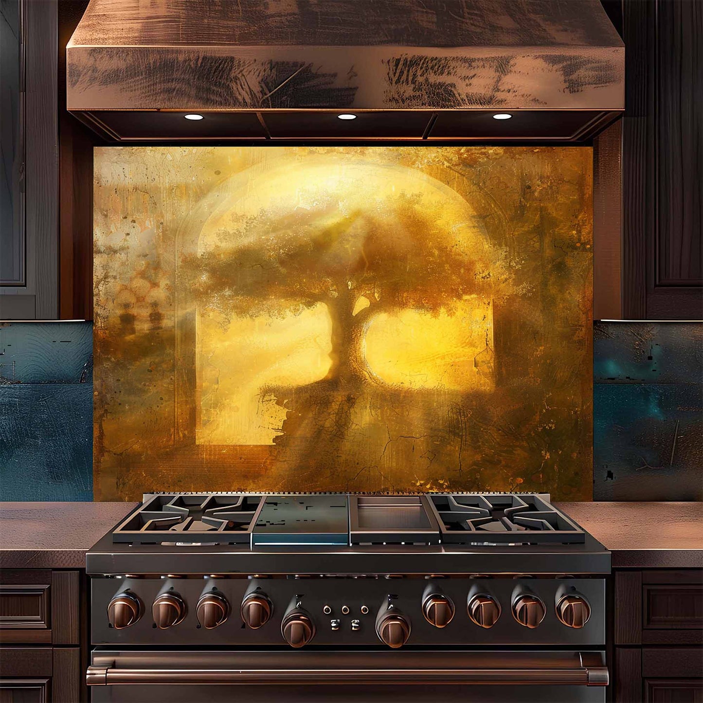 Stainless steel stove with artistic glass splashback featuring a tree design.