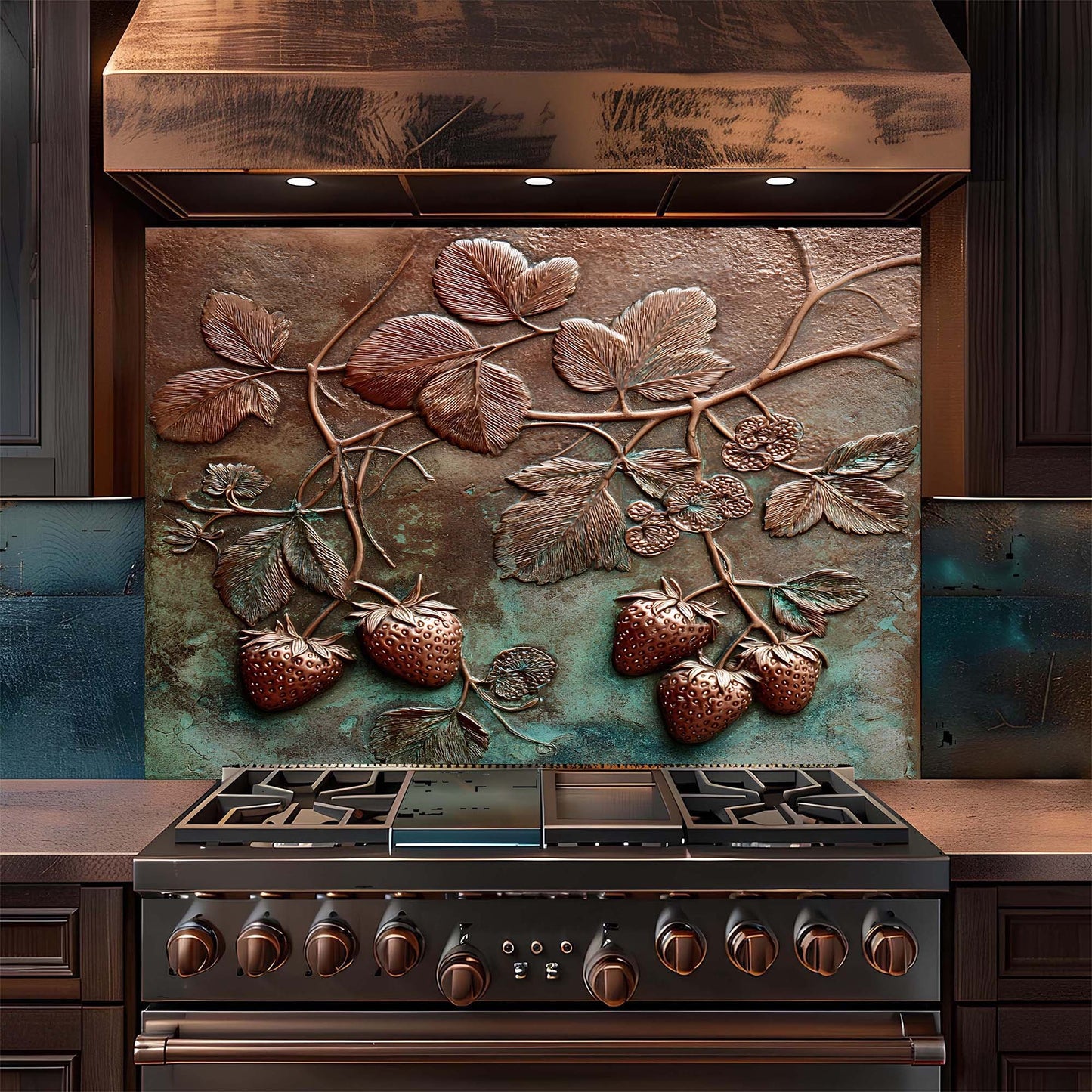 Stainless steel stove with decorative leaf and strawberry patterned backsplash in a kitchen setting.