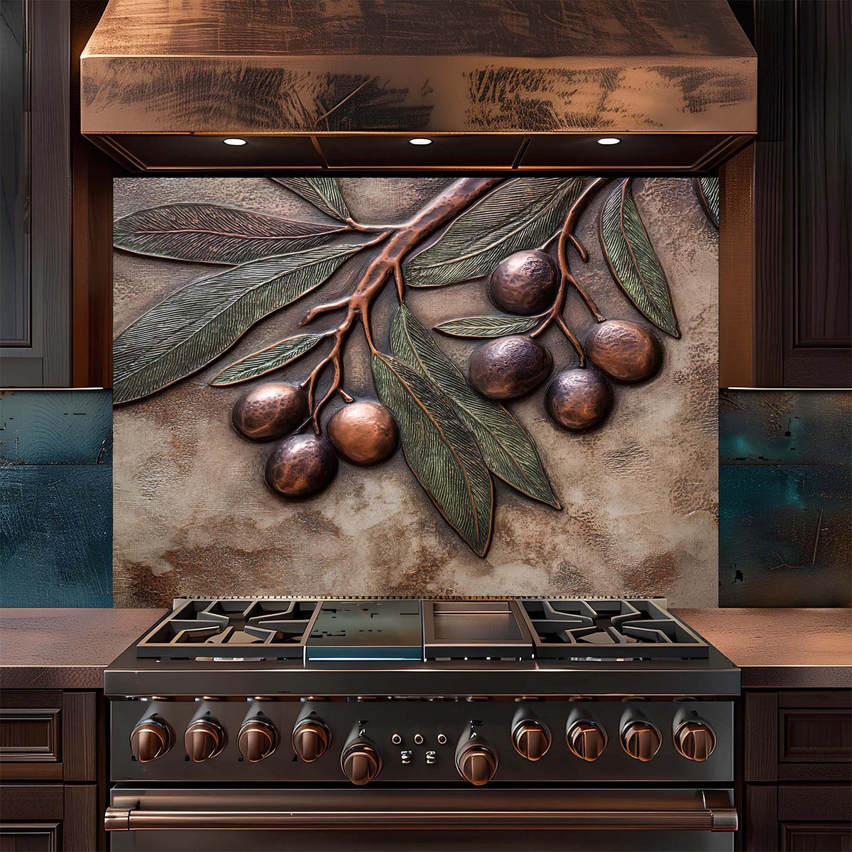 Stainless steel stove with decorative backsplash featuring leaves and olives in a kitchen setting.