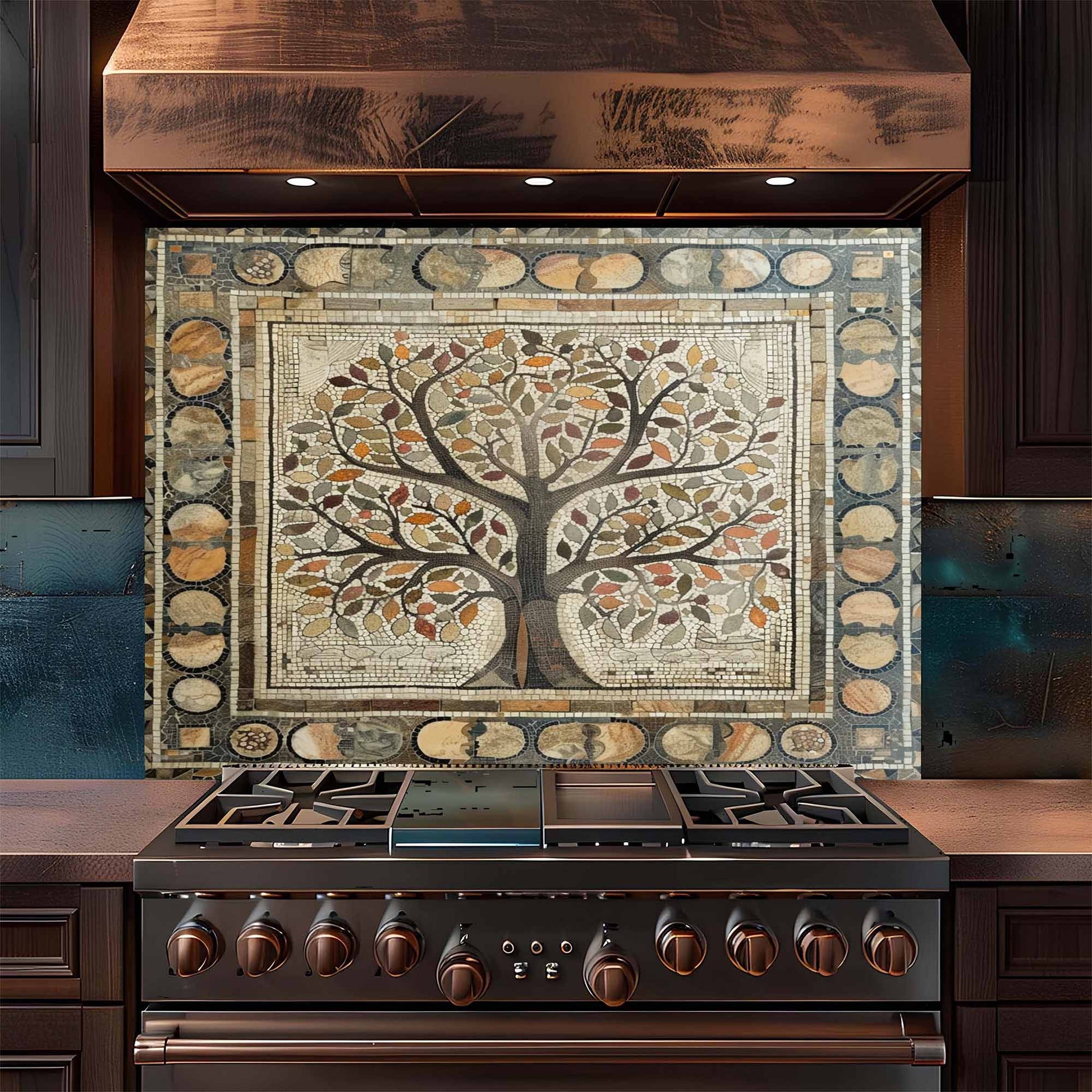 Stainless steel stove with decorative mosaic backsplash featuring a tree design.