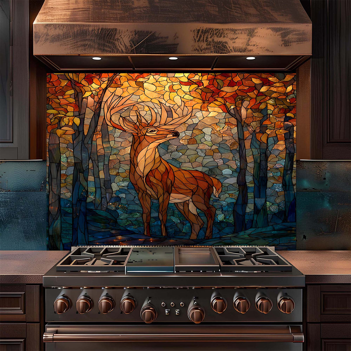 Stainless steel stove with a decorative glass backsplash featuring a deer in a forest design.