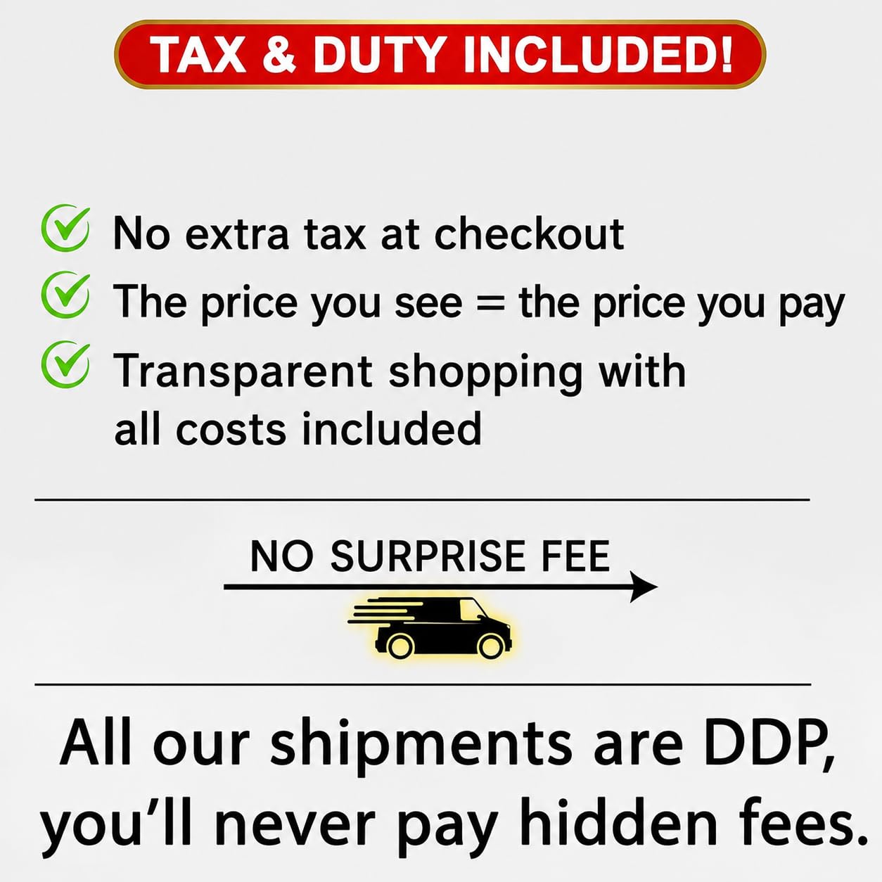 Text detailing tax and duty information with a van icon on a white background