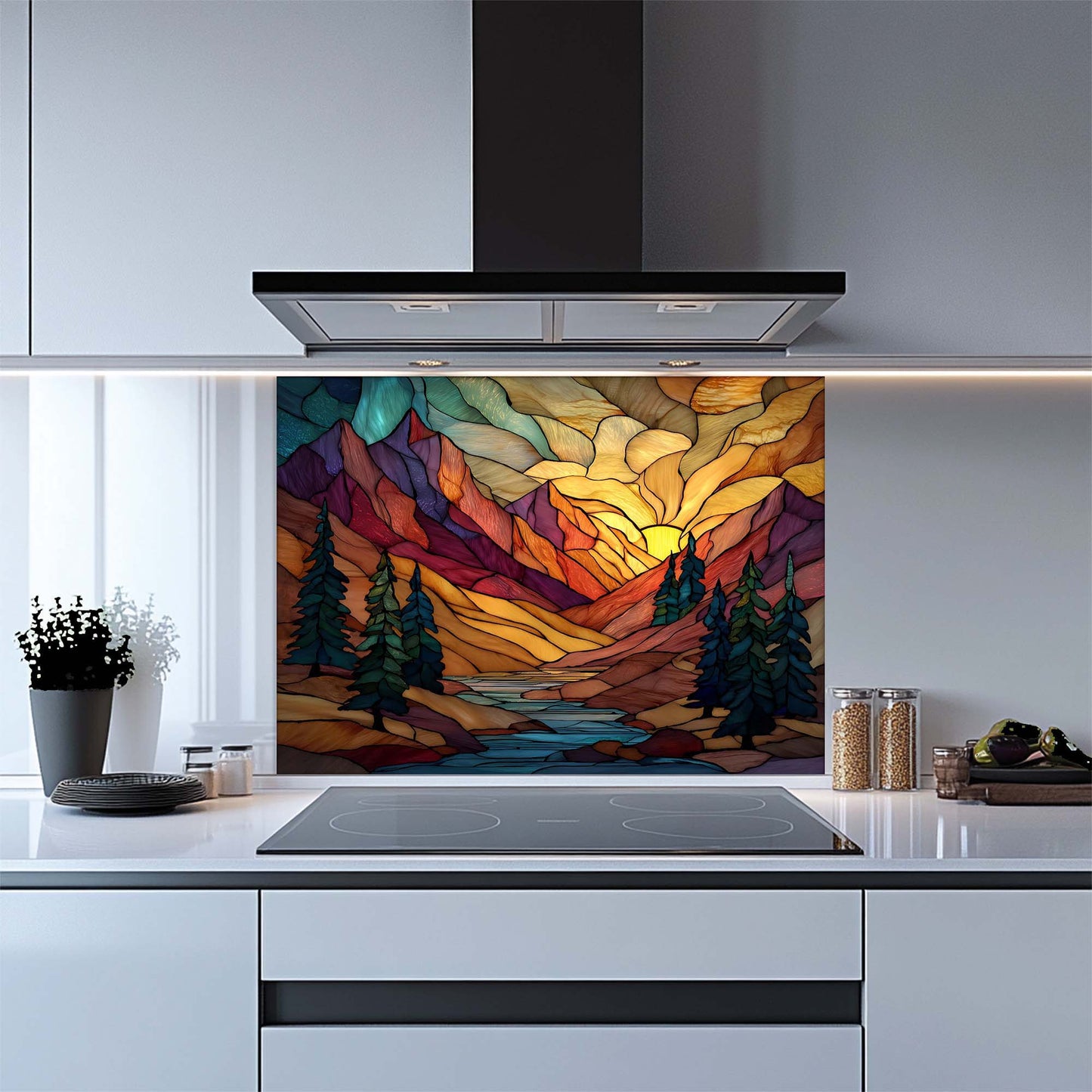 Kitchen with a colorful mountain-themed glass splashback.