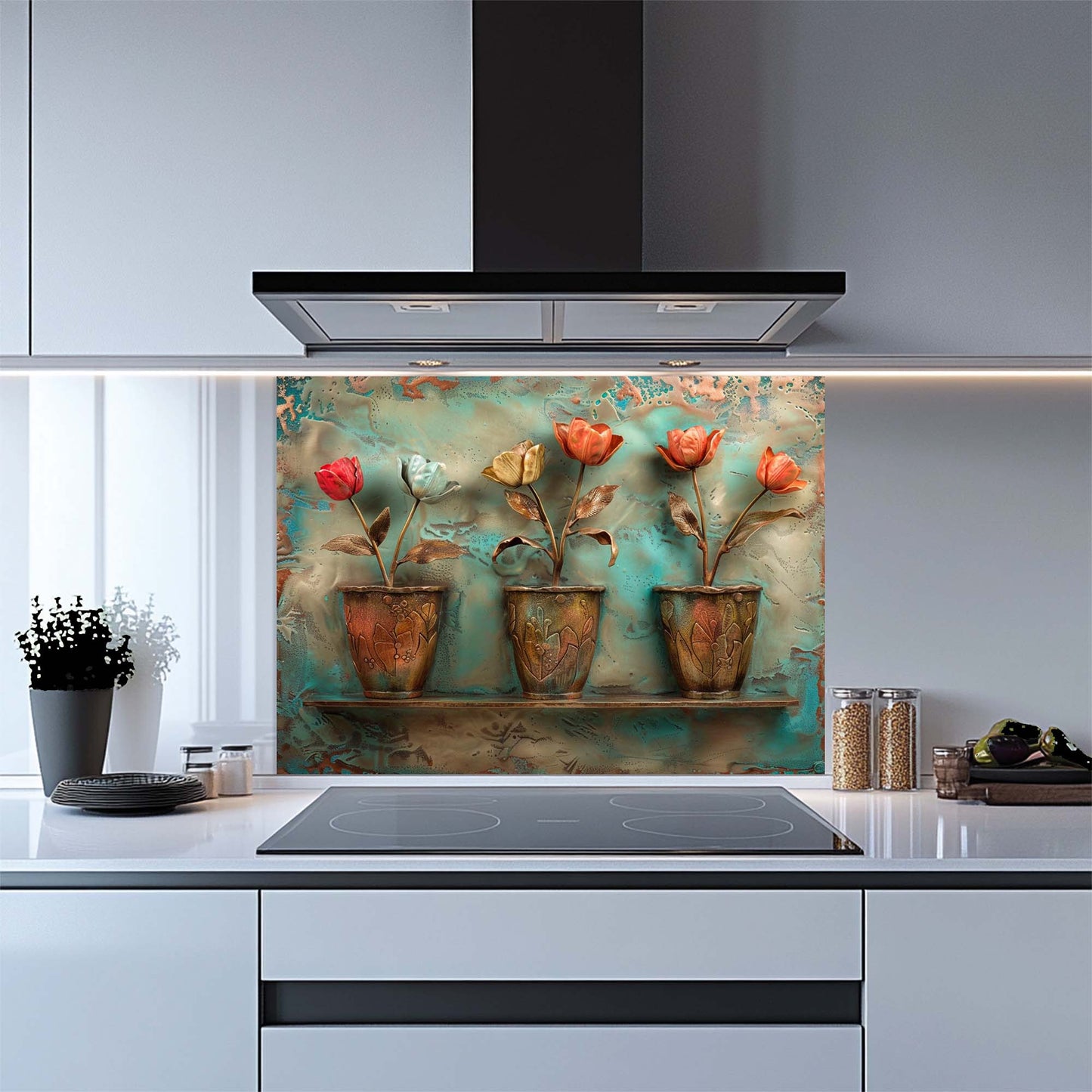Decorative glass backsplash with floral design in a kitchen setting