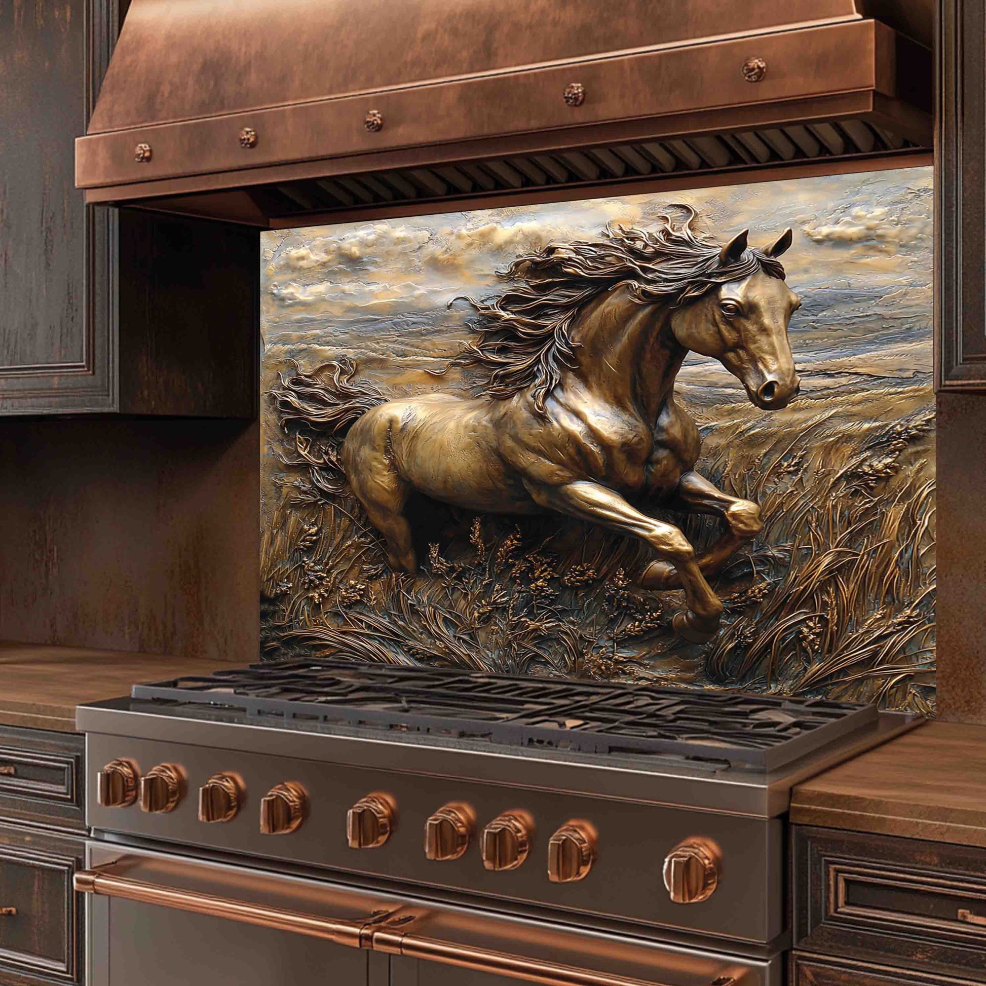 Stainless steel stove with a decorative backsplash featuring a horse running, set in a kitchen.